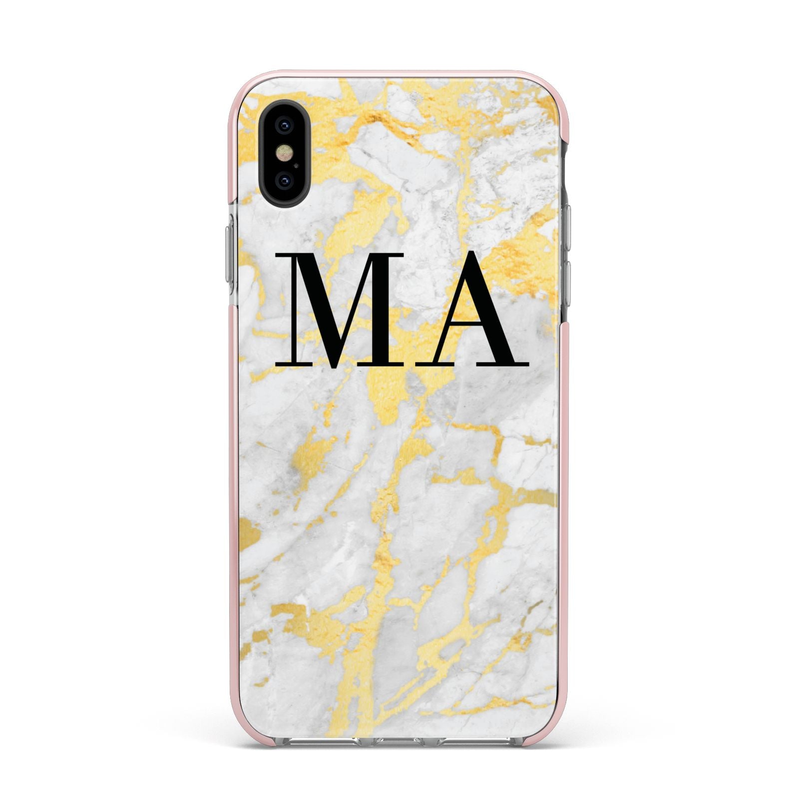 Gold Marble Custom Initials Apple iPhone Xs Max Impact Case Pink Edge on Black Phone