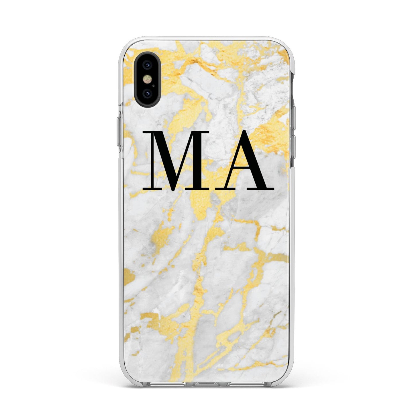 Gold Marble Custom Initials Apple iPhone Xs Max Impact Case White Edge on Black Phone