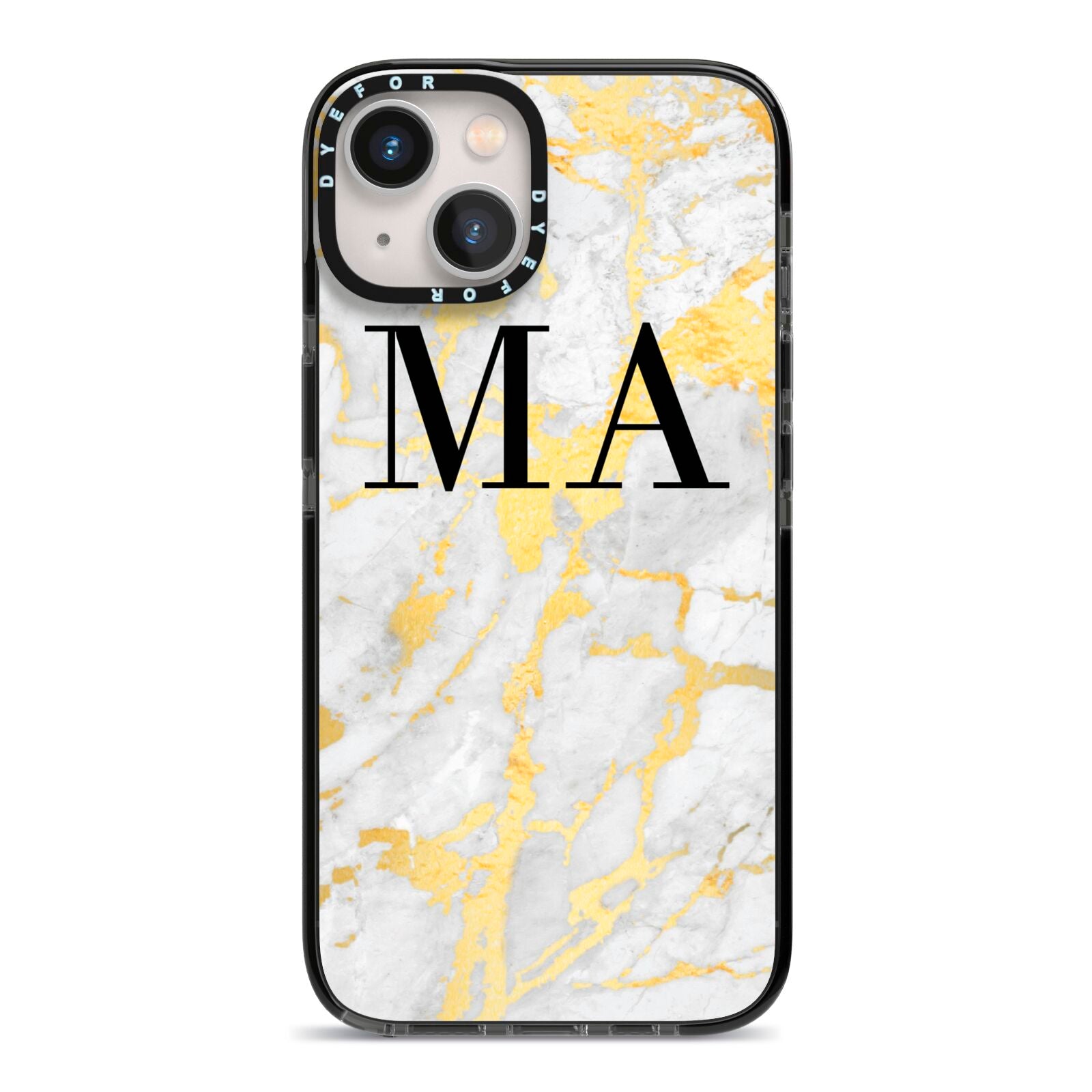 Gold Marble Custom Initials iPhone 13 Black Impact Case on Silver phone
