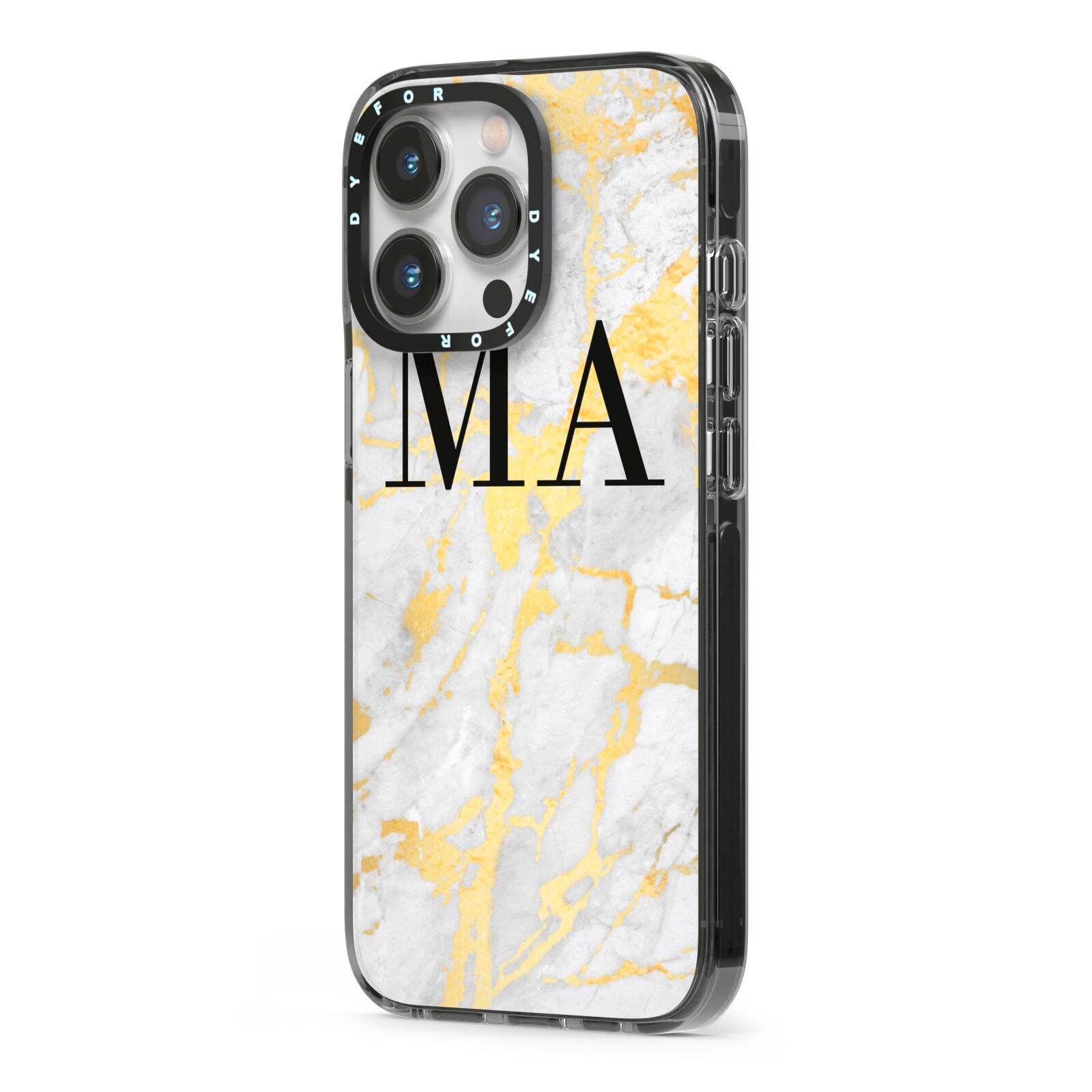 Gold Marble Custom Initials iPhone 13 Pro Black Impact Case Side Angle on Silver phone