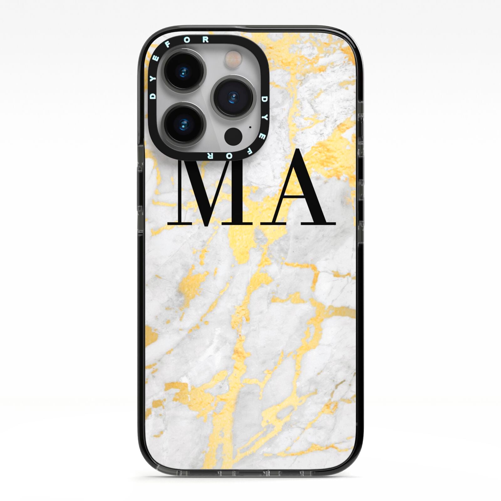 Gold Marble Custom Initials iPhone 13 Pro Black Impact Case on Silver phone