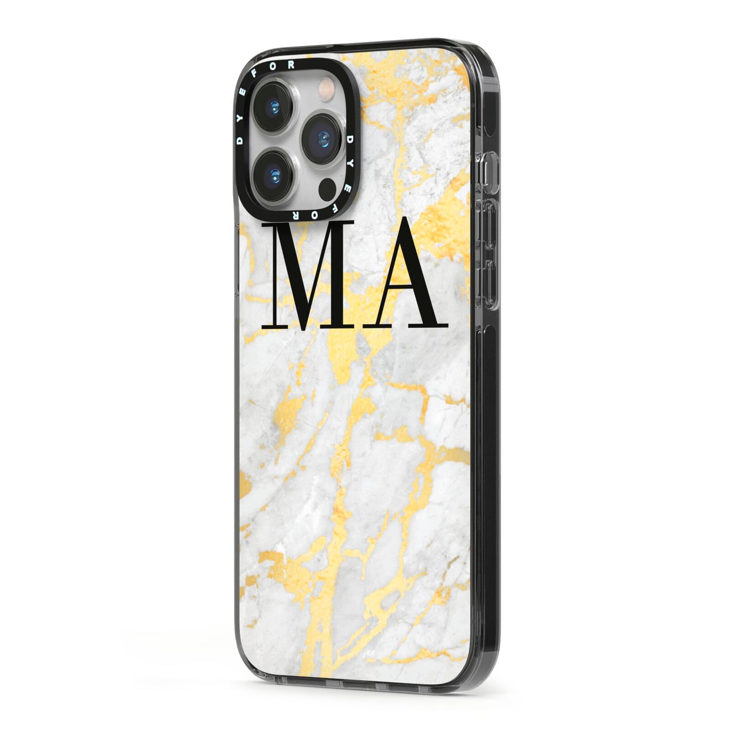 Gold Marble Custom Initials iPhone 13 Pro Max Black Impact Case Side Angle on Silver phone