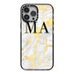 Gold Marble Custom Initials iPhone 13 Pro Max Black Impact Case on Silver phone