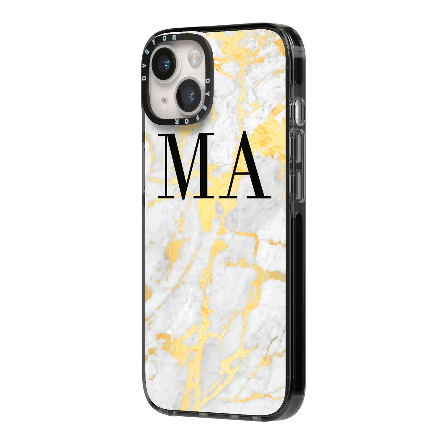 Gold Marble Custom Initials iPhone 14 Black Impact Case Side Angle on Silver phone