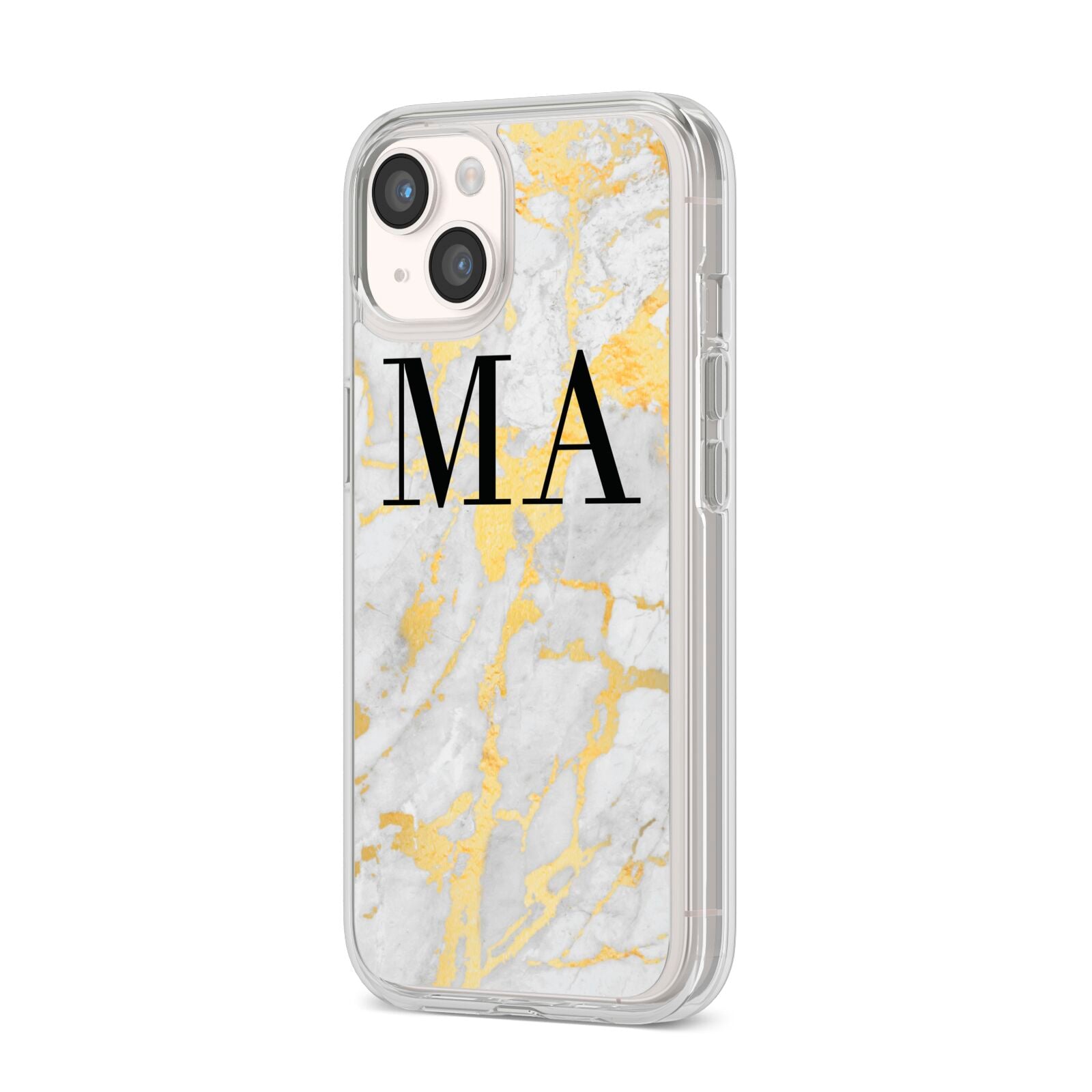 Gold Marble Custom Initials iPhone 14 Clear Tough Case Starlight Angled Image