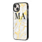 Gold Marble Custom Initials iPhone 14 Plus Black Impact Case Side Angle on Silver phone