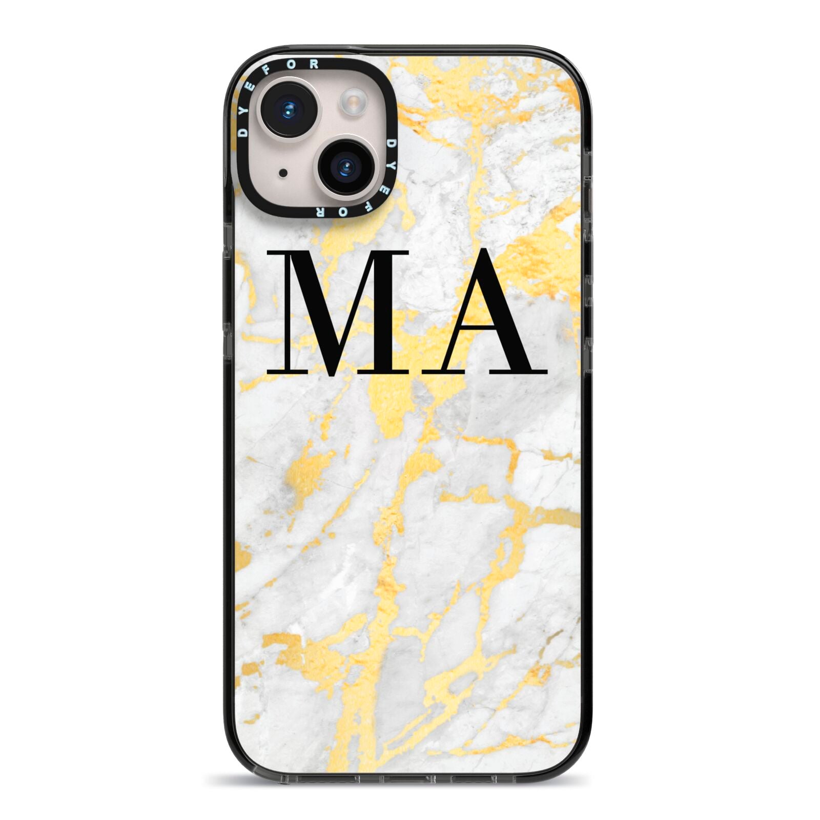 Gold Marble Custom Initials iPhone 14 Plus Black Impact Case on Silver phone