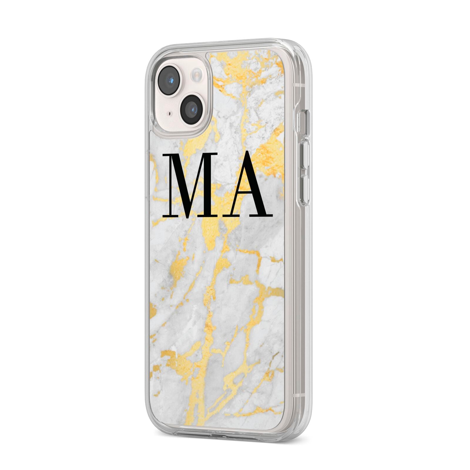 Gold Marble Custom Initials iPhone 14 Plus Clear Tough Case Starlight Angled Image