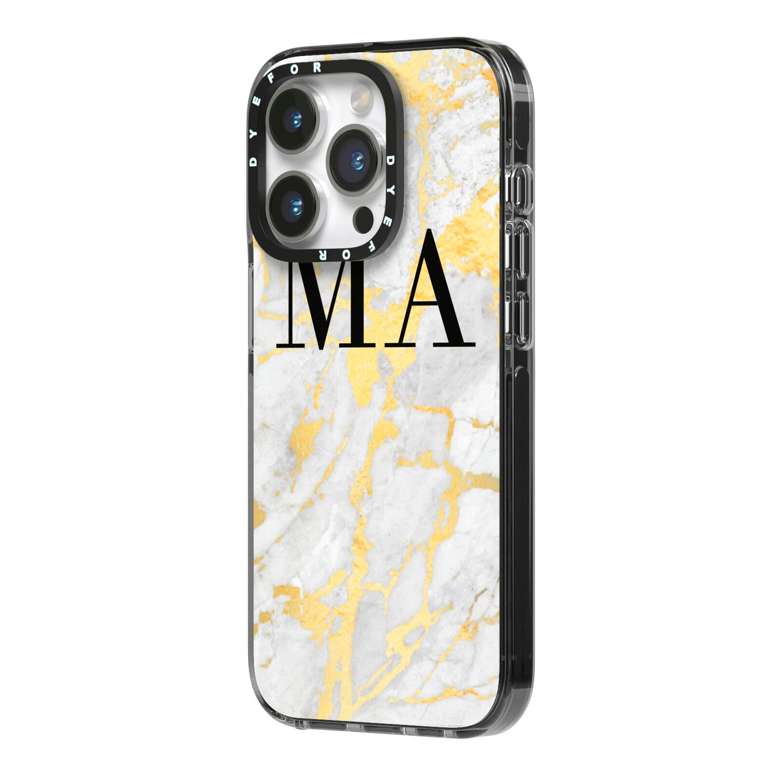 Gold Marble Custom Initials iPhone 14 Pro Black Impact Case Side Angle on Silver phone