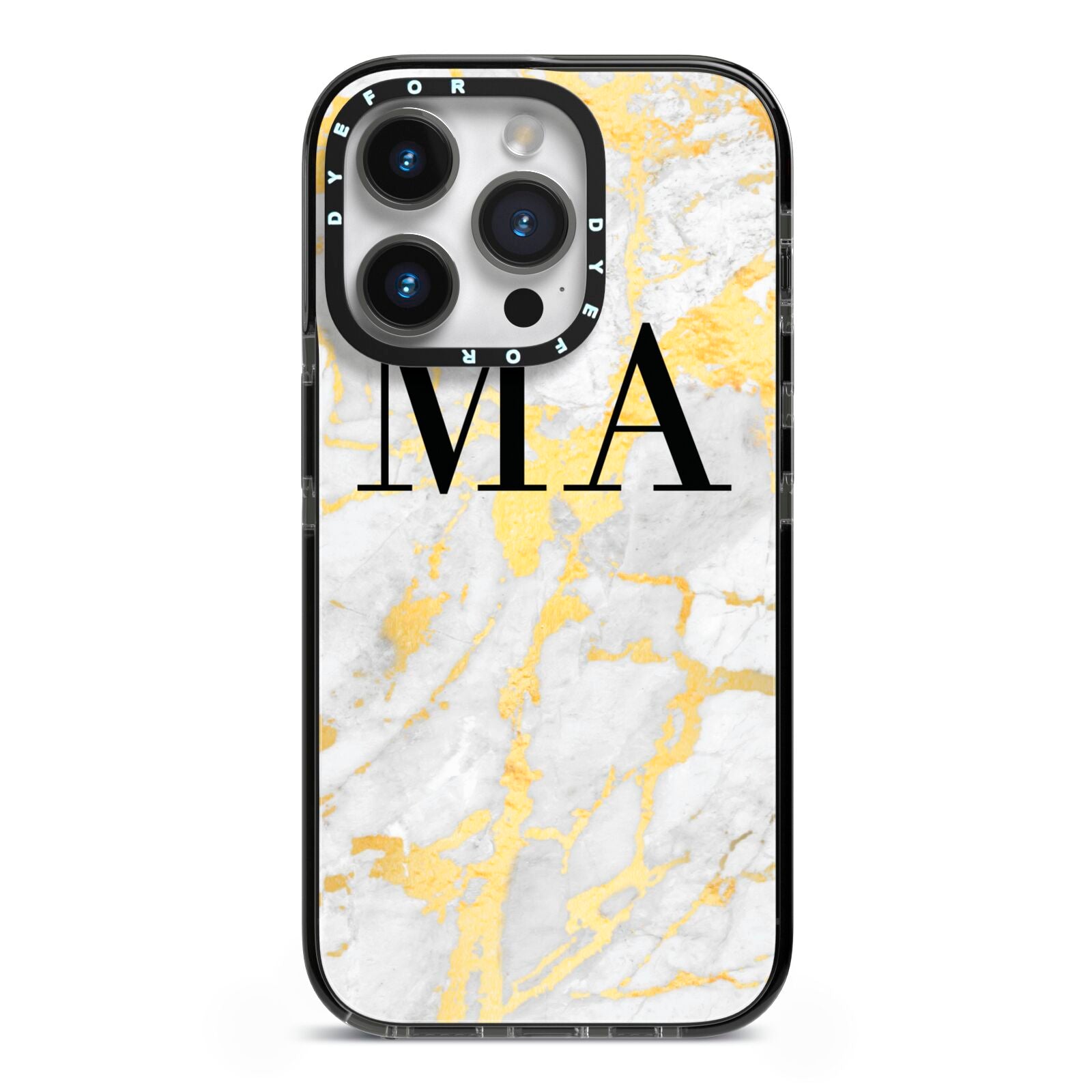 Gold Marble Custom Initials iPhone 14 Pro Black Impact Case on Silver phone