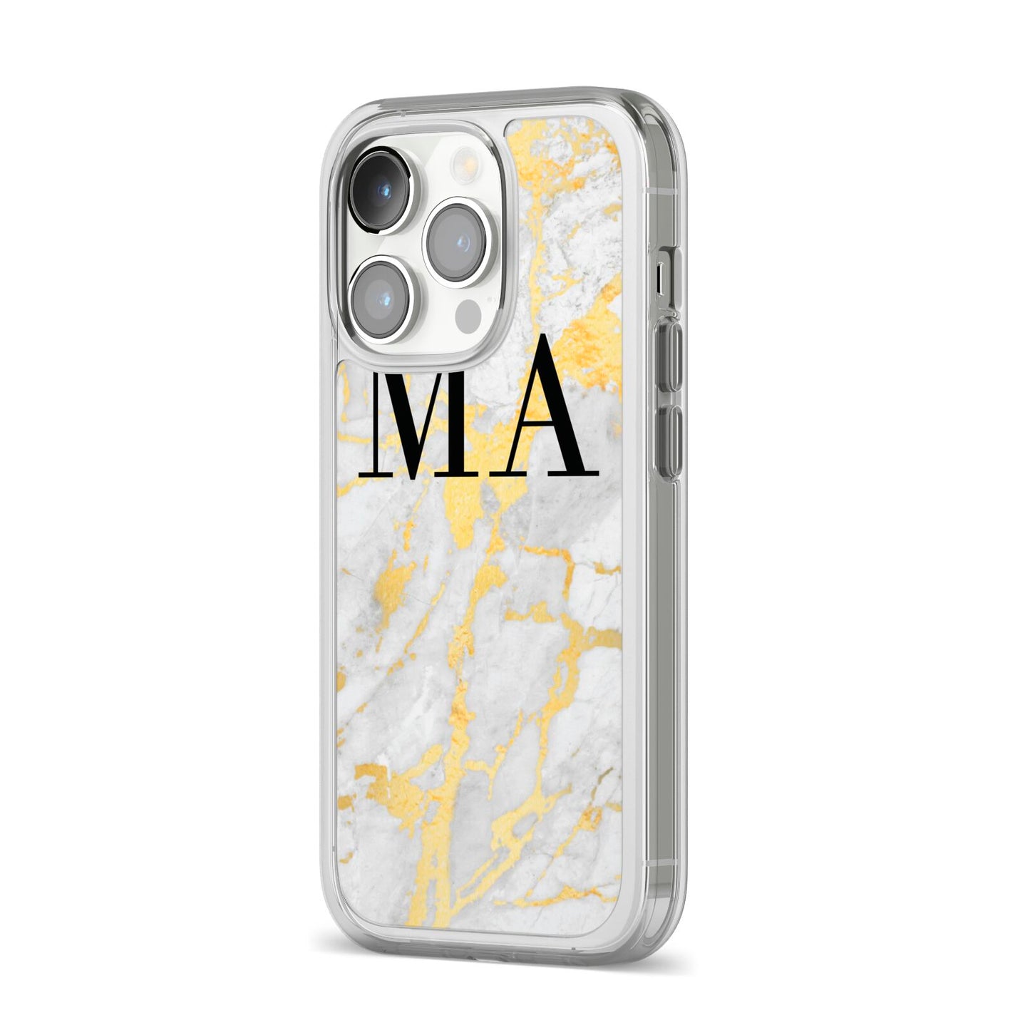 Gold Marble Custom Initials iPhone 14 Pro Clear Tough Case Silver Angled Image