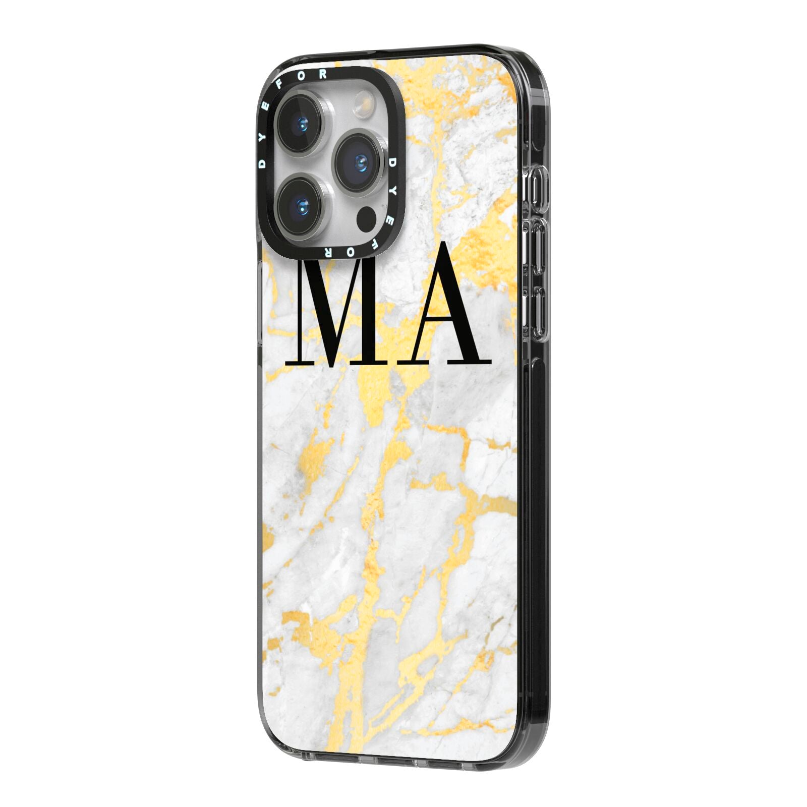 Gold Marble Custom Initials iPhone 14 Pro Max Black Impact Case Side Angle on Silver phone