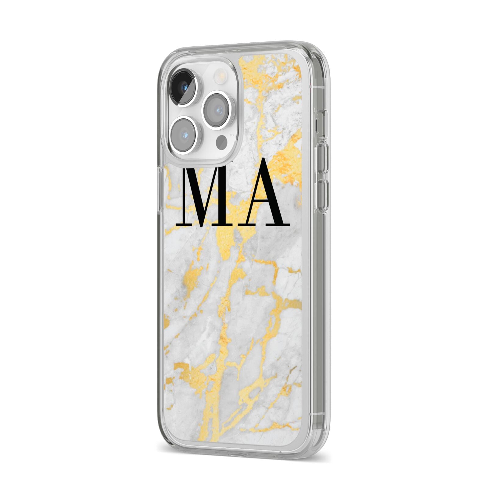 Gold Marble Custom Initials iPhone 14 Pro Max Clear Tough Case Silver Angled Image