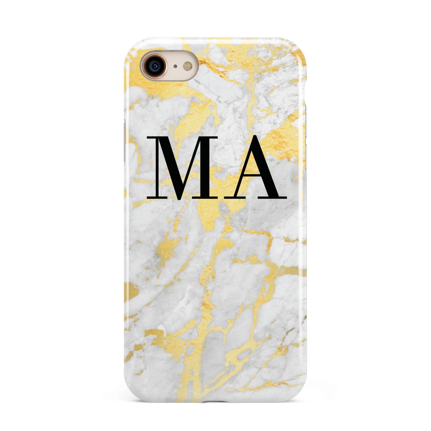 Gold Marble Custom Initials iPhone 8 3D Tough Case on Gold Phone