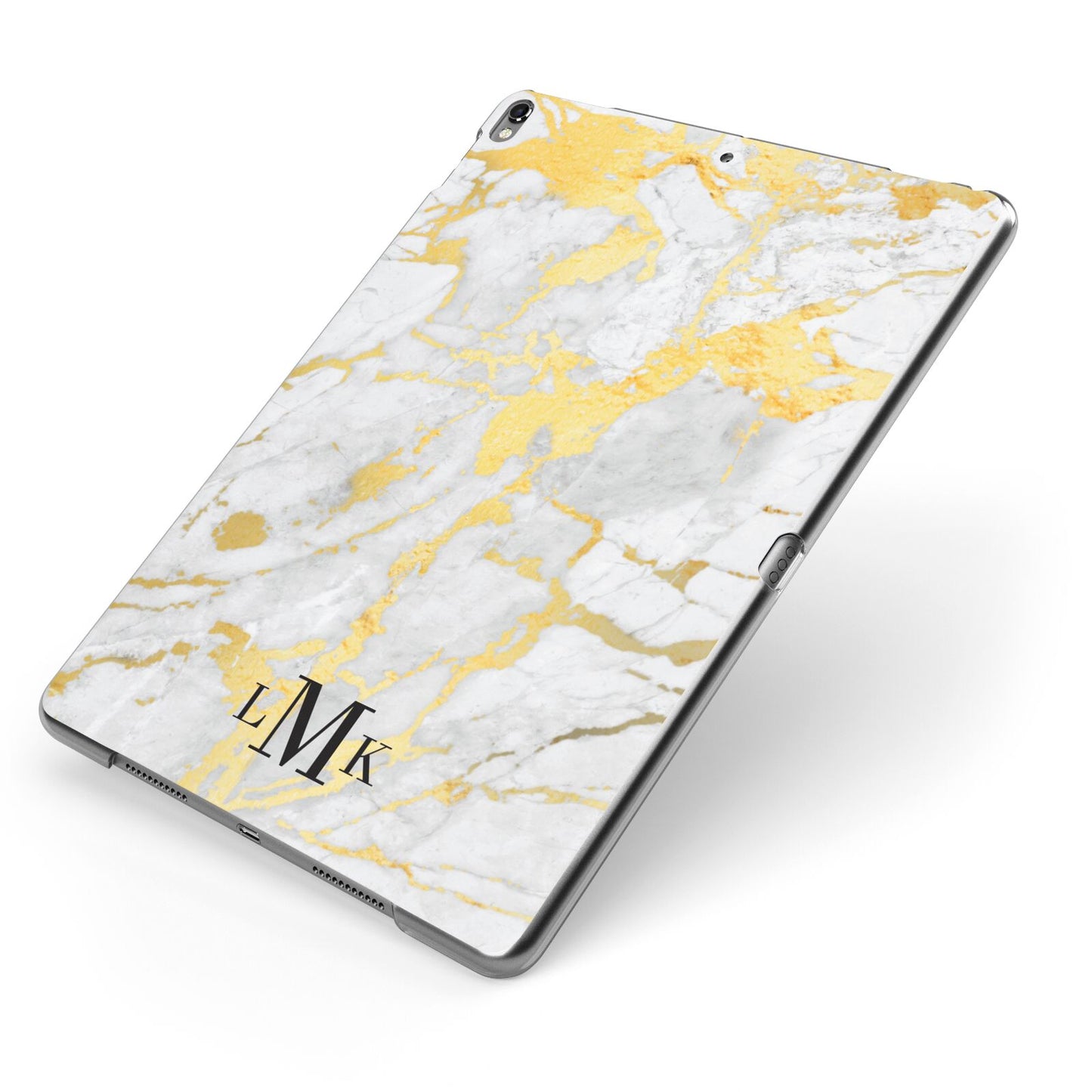 Gold Marble Initials Customised Apple iPad Case on Grey iPad Side View