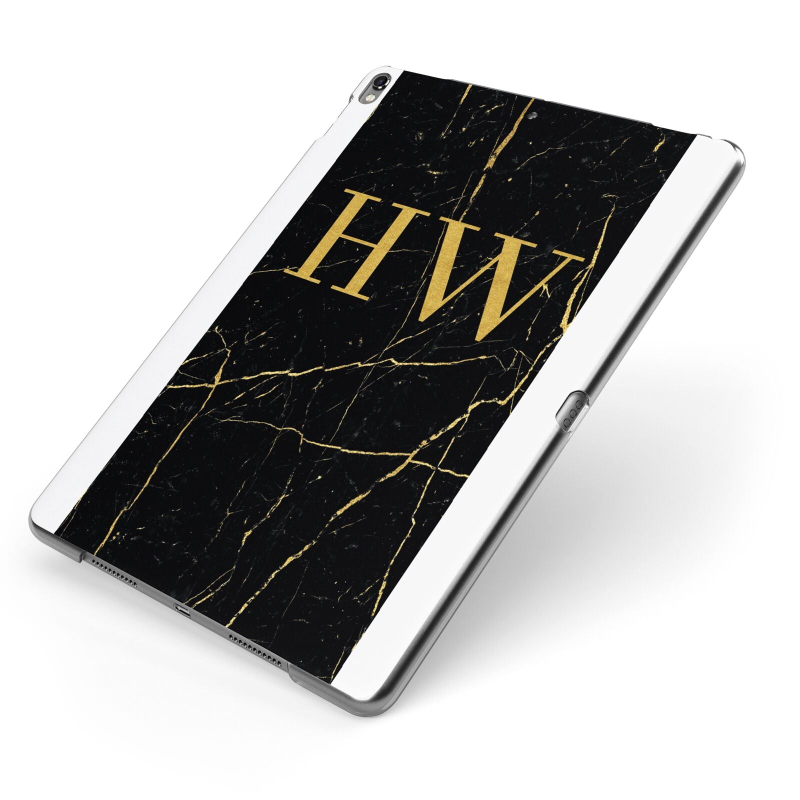 Gold Marble Monogram Personalised Apple iPad Case on Grey iPad Side View