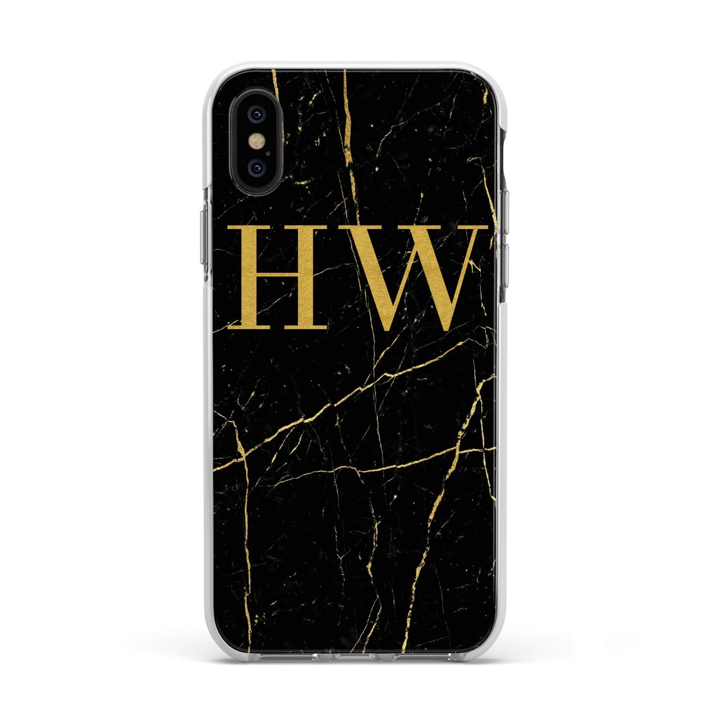 Gold Marble Monogram Personalised Apple iPhone Xs Impact Case White Edge on Black Phone