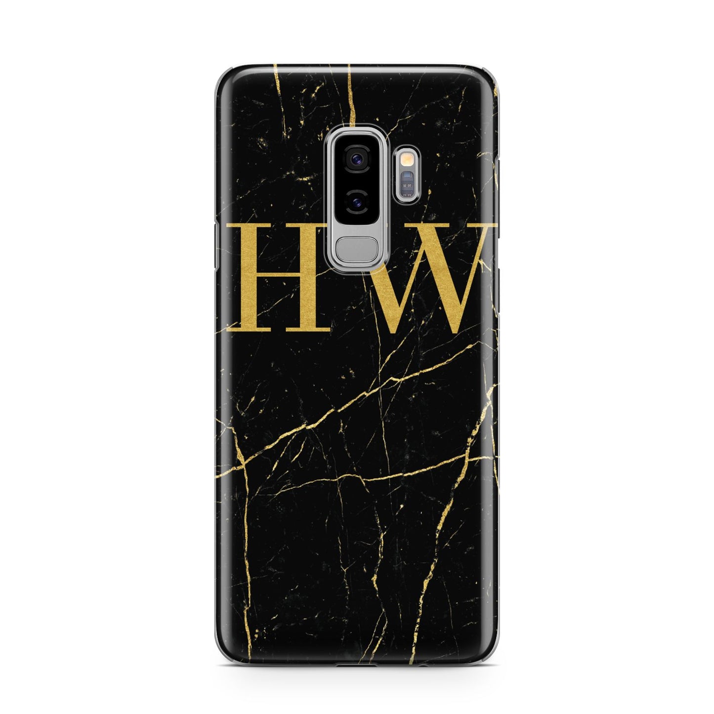 Gold Marble Monogram Personalised Samsung Galaxy S9 Plus Case on Silver phone