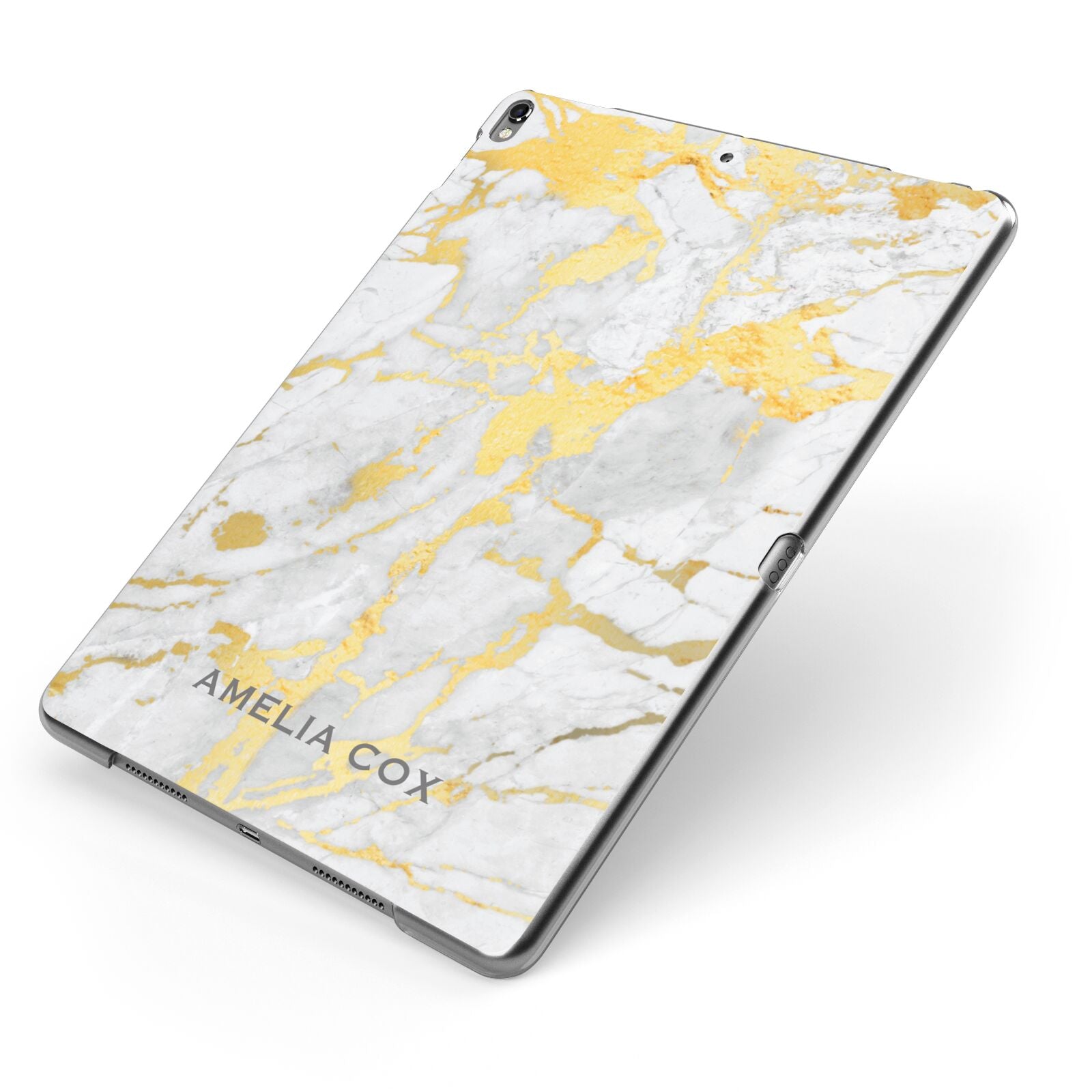 Gold Marble Name Personalised Apple iPad Case on Grey iPad Side View