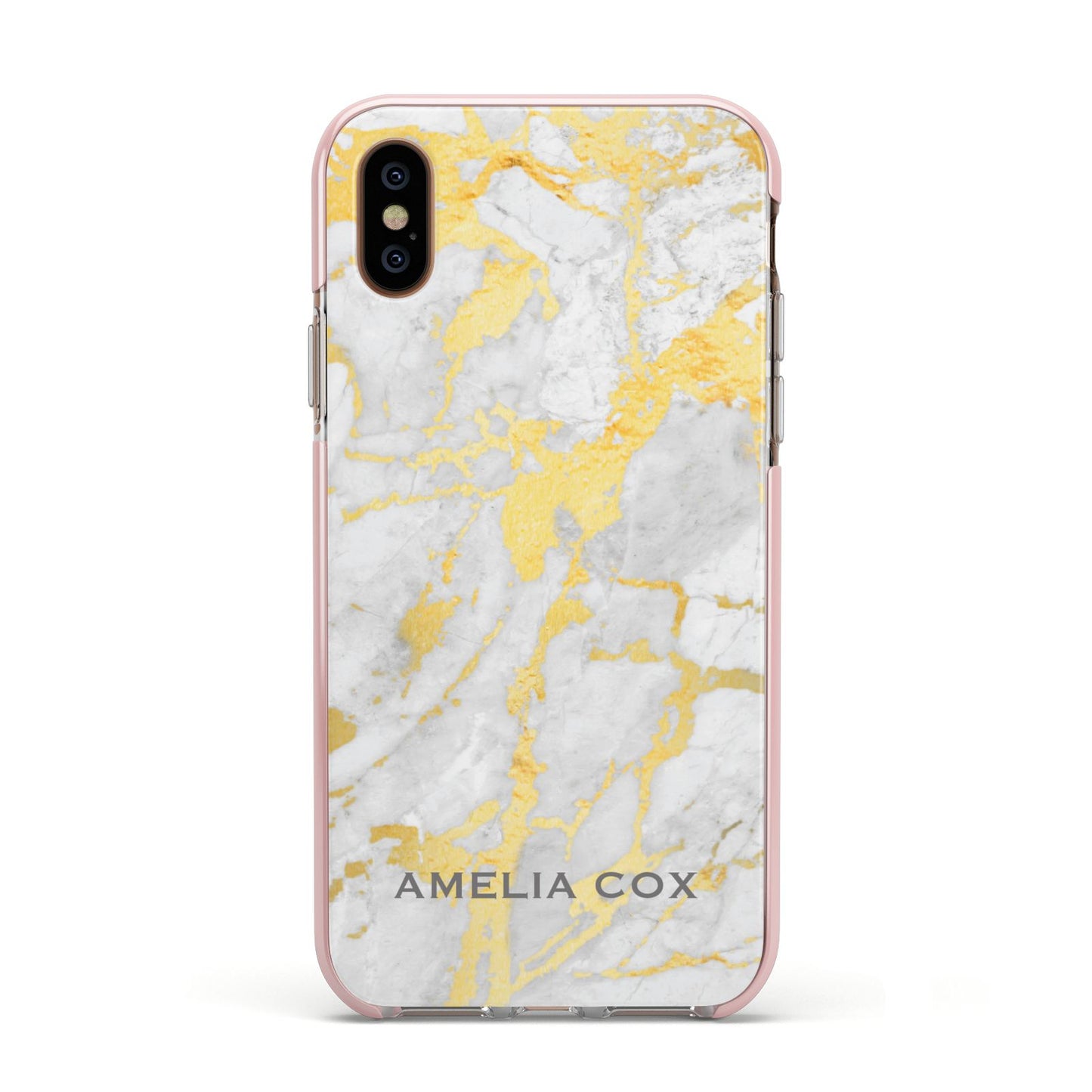 Gold Marble Name Personalised Apple iPhone Xs Impact Case Pink Edge on Gold Phone