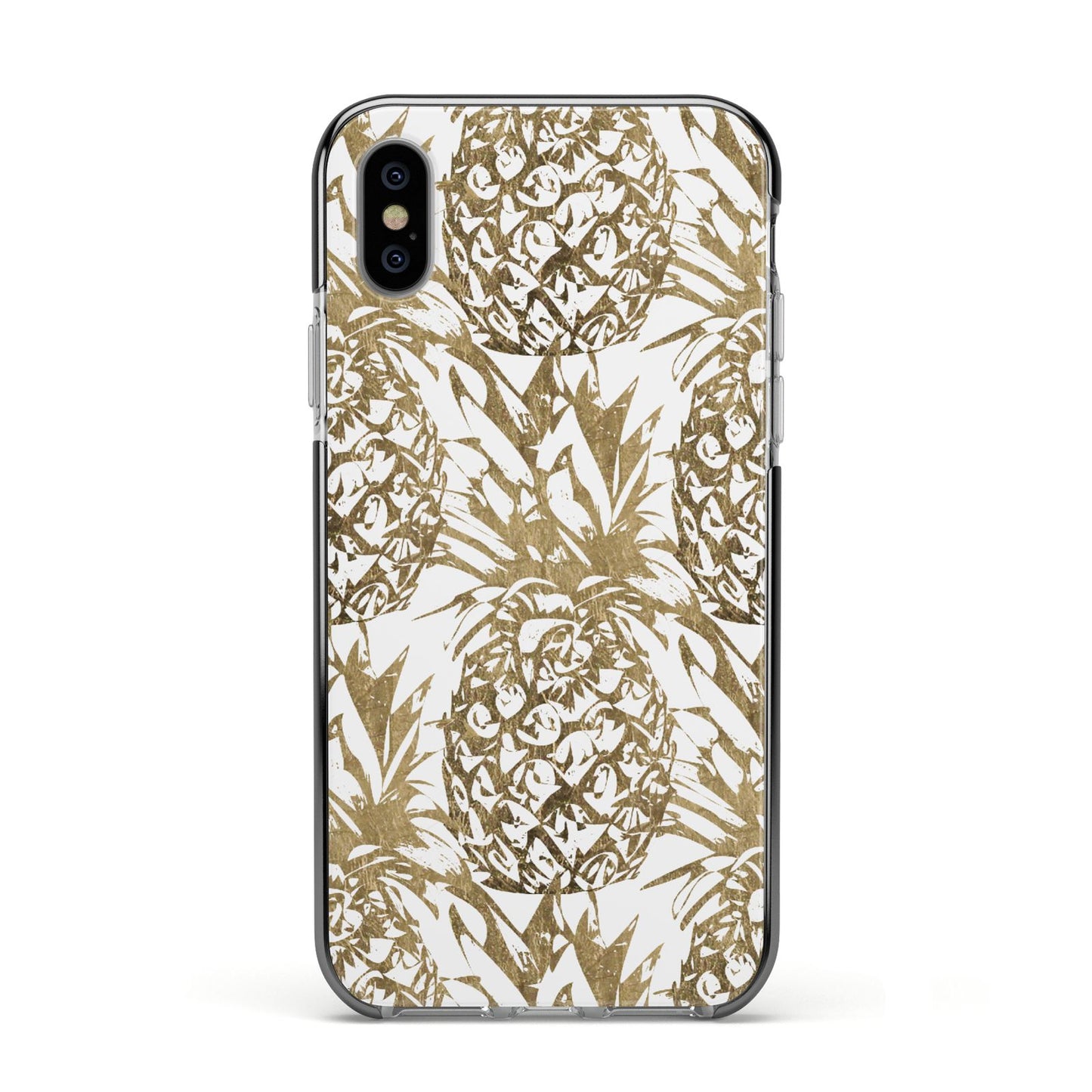 Gold Pineapple Fruit Apple iPhone Xs Impact Case Black Edge on Silver Phone