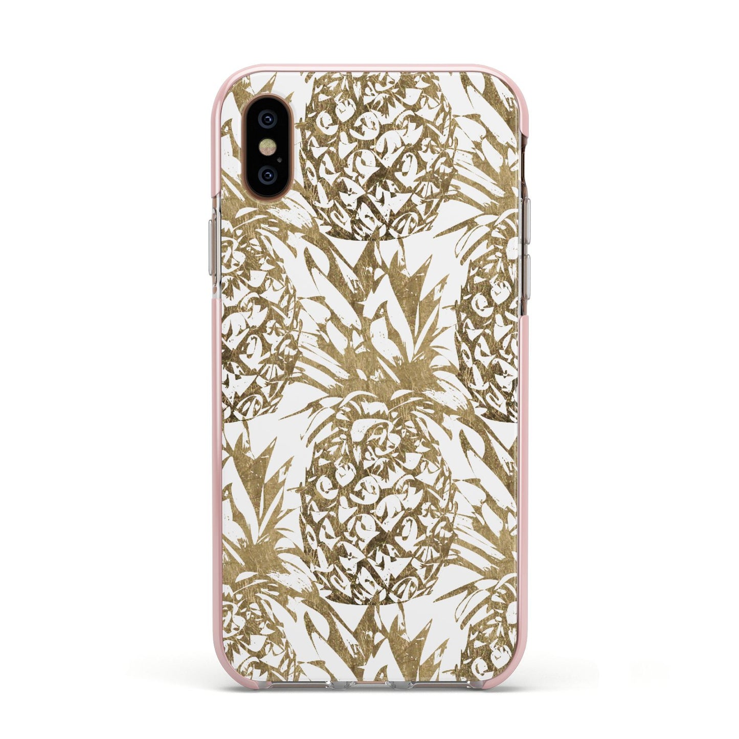 Gold Pineapple Fruit Apple iPhone Xs Impact Case Pink Edge on Gold Phone