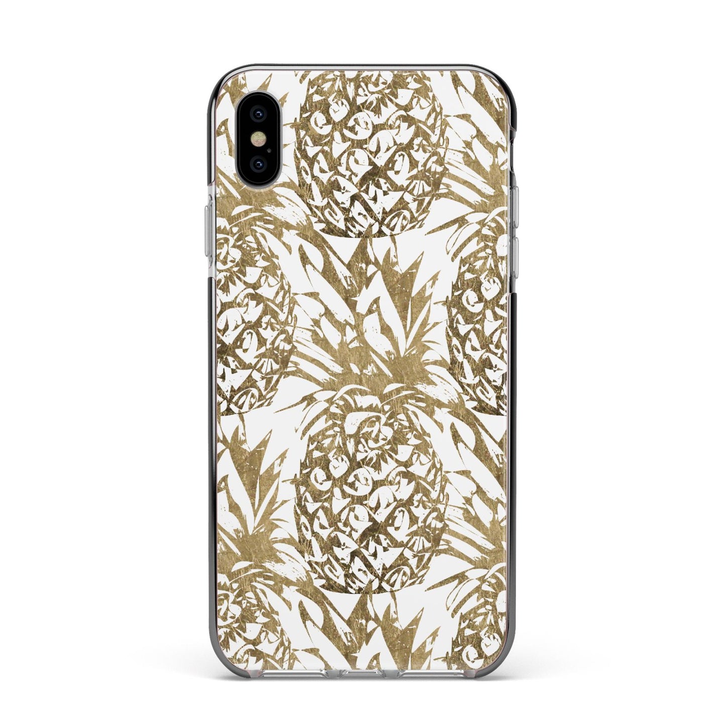 Gold Pineapple Fruit Apple iPhone Xs Max Impact Case Black Edge on Silver Phone