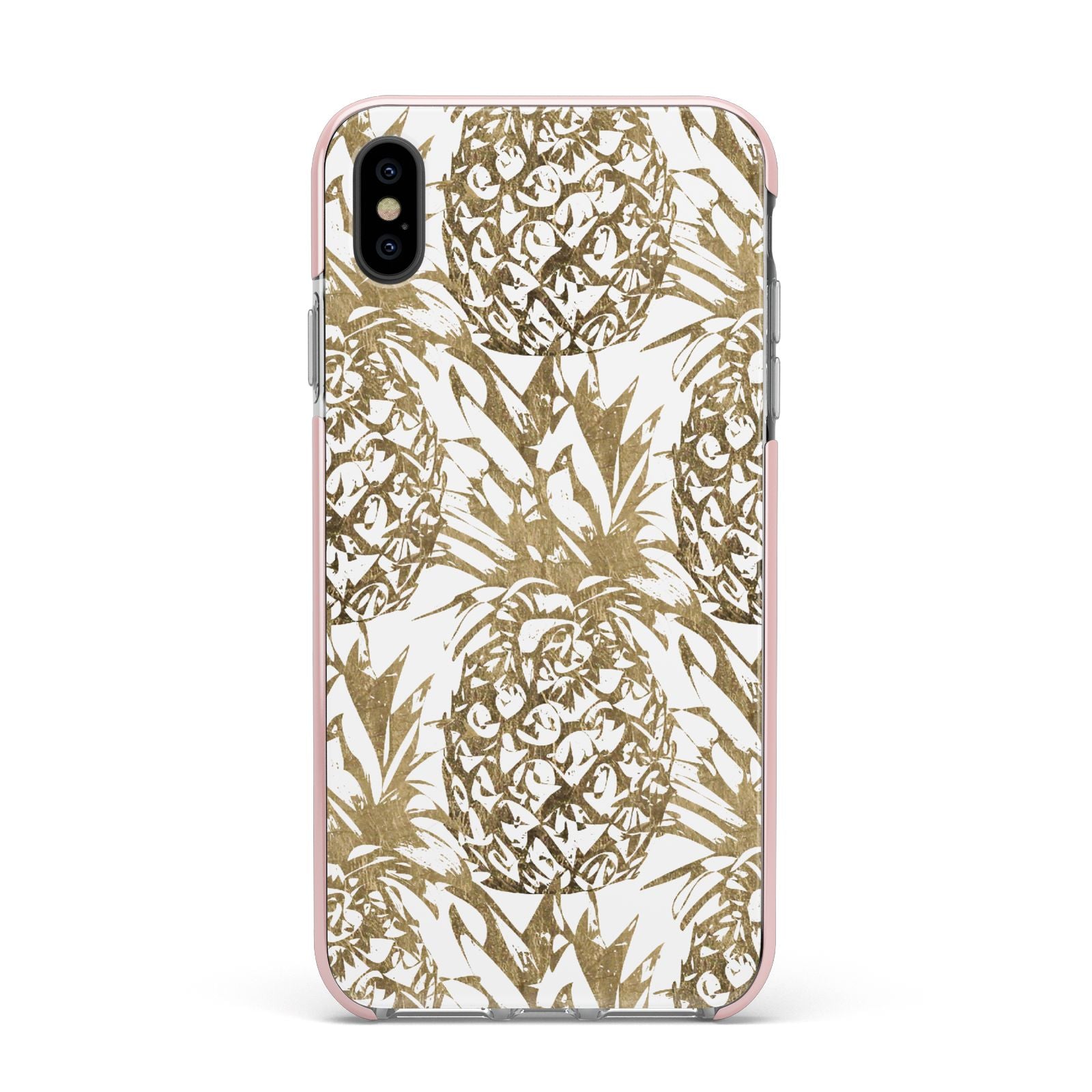 Gold Pineapple Fruit Apple iPhone Xs Max Impact Case Pink Edge on Black Phone