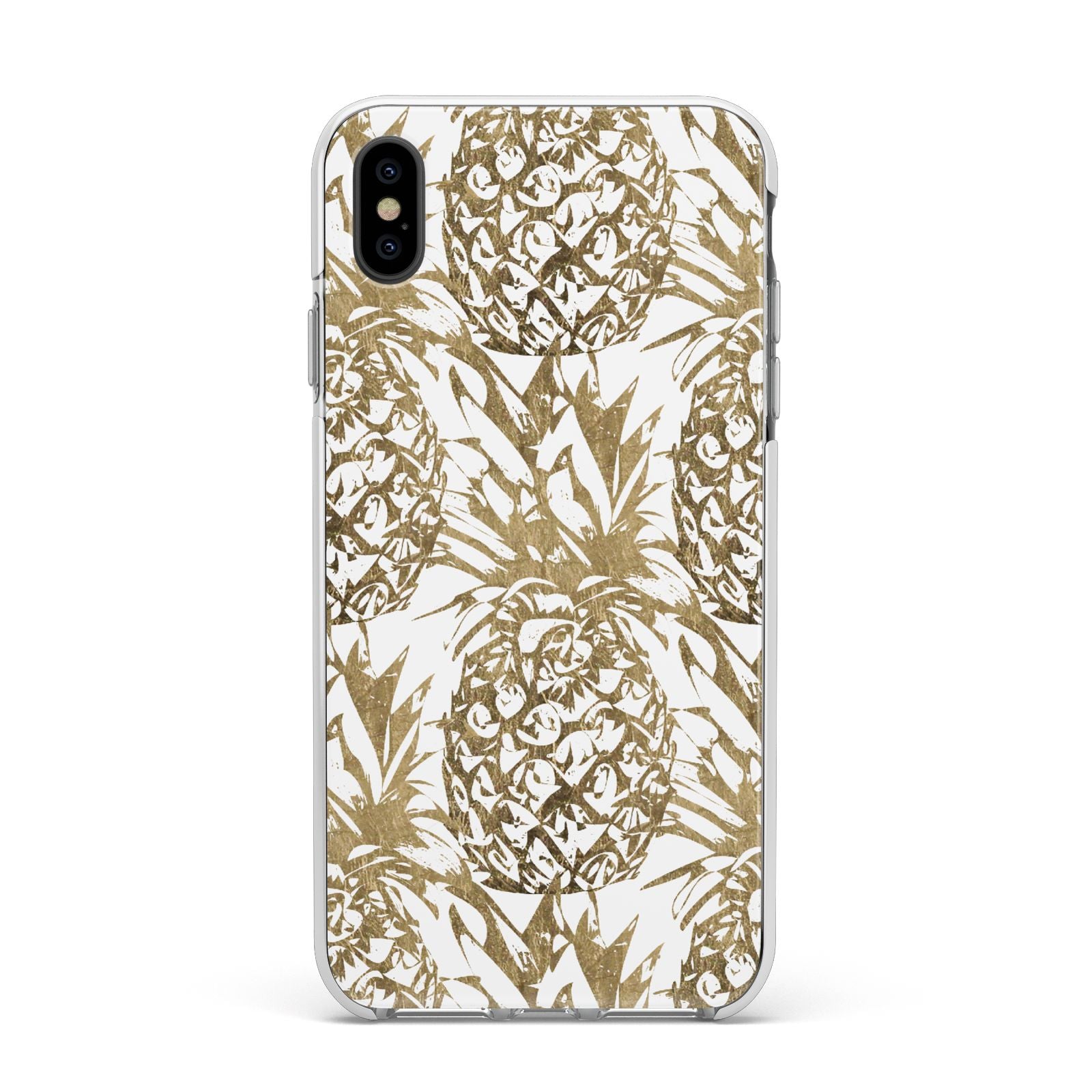 Gold Pineapple Fruit Apple iPhone Xs Max Impact Case White Edge on Black Phone