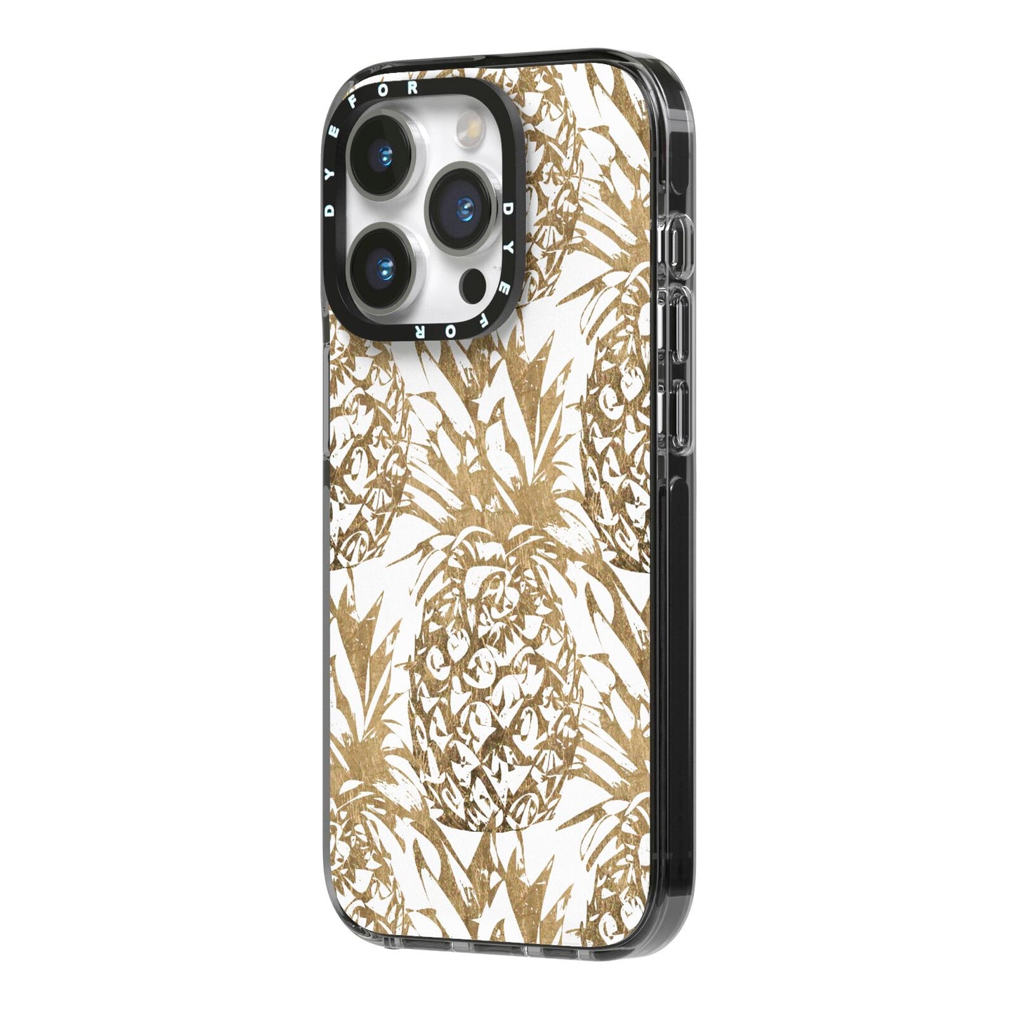 Gold Pineapple Fruit iPhone 14 Pro Black Impact Case Side Angle on Silver phone