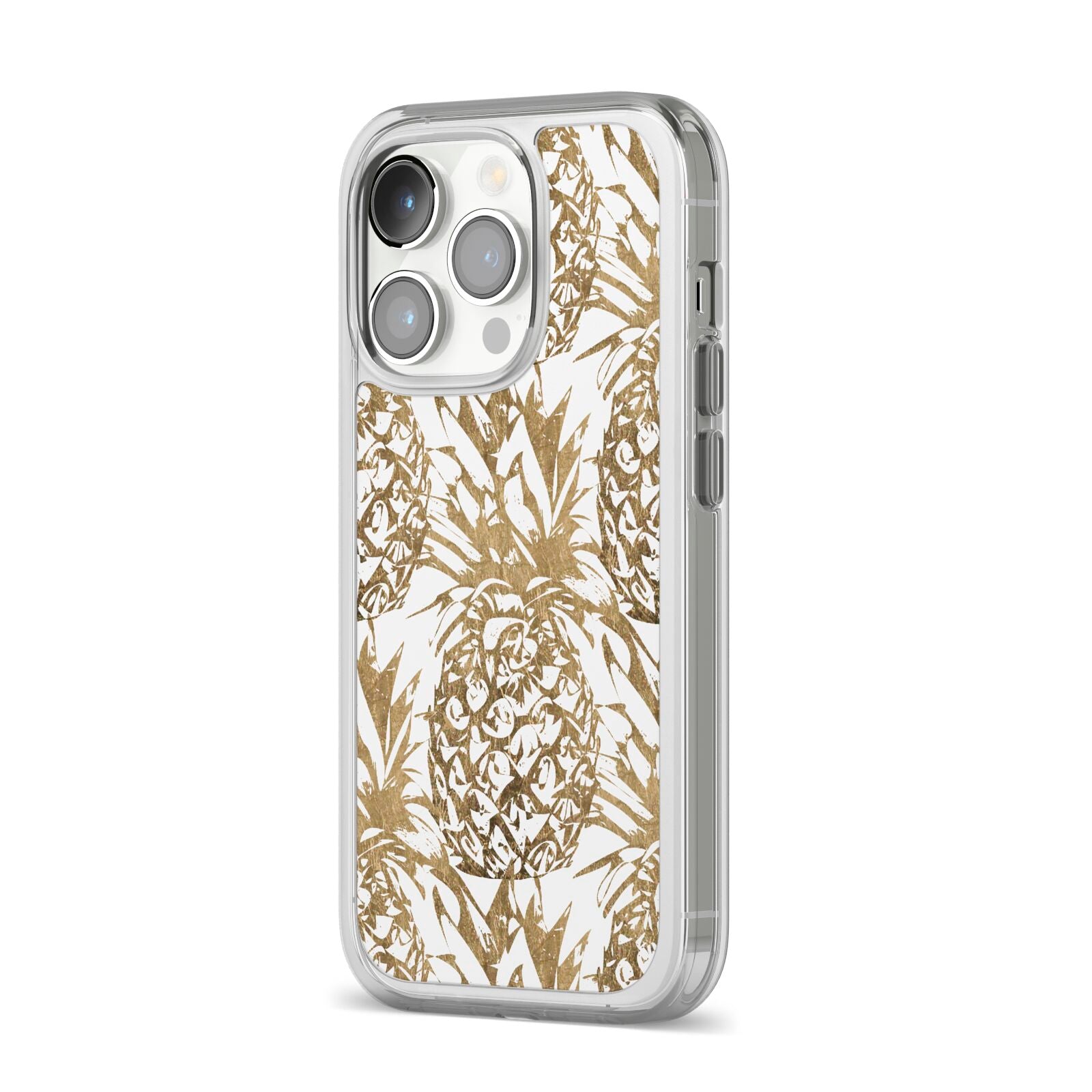 Gold Pineapple Fruit iPhone 14 Pro Clear Tough Case Silver Angled Image