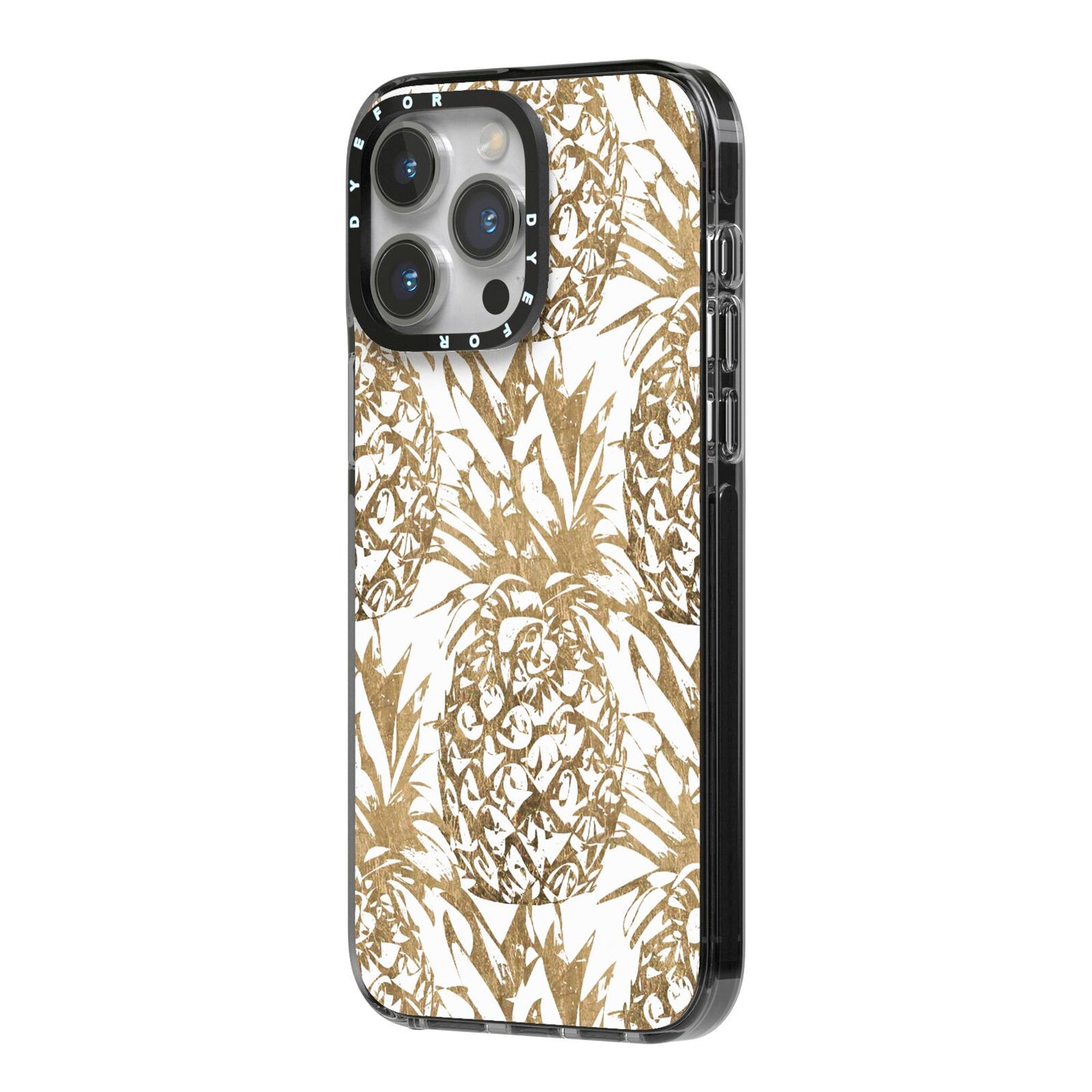 Gold Pineapple Fruit iPhone 14 Pro Max Black Impact Case Side Angle on Silver phone