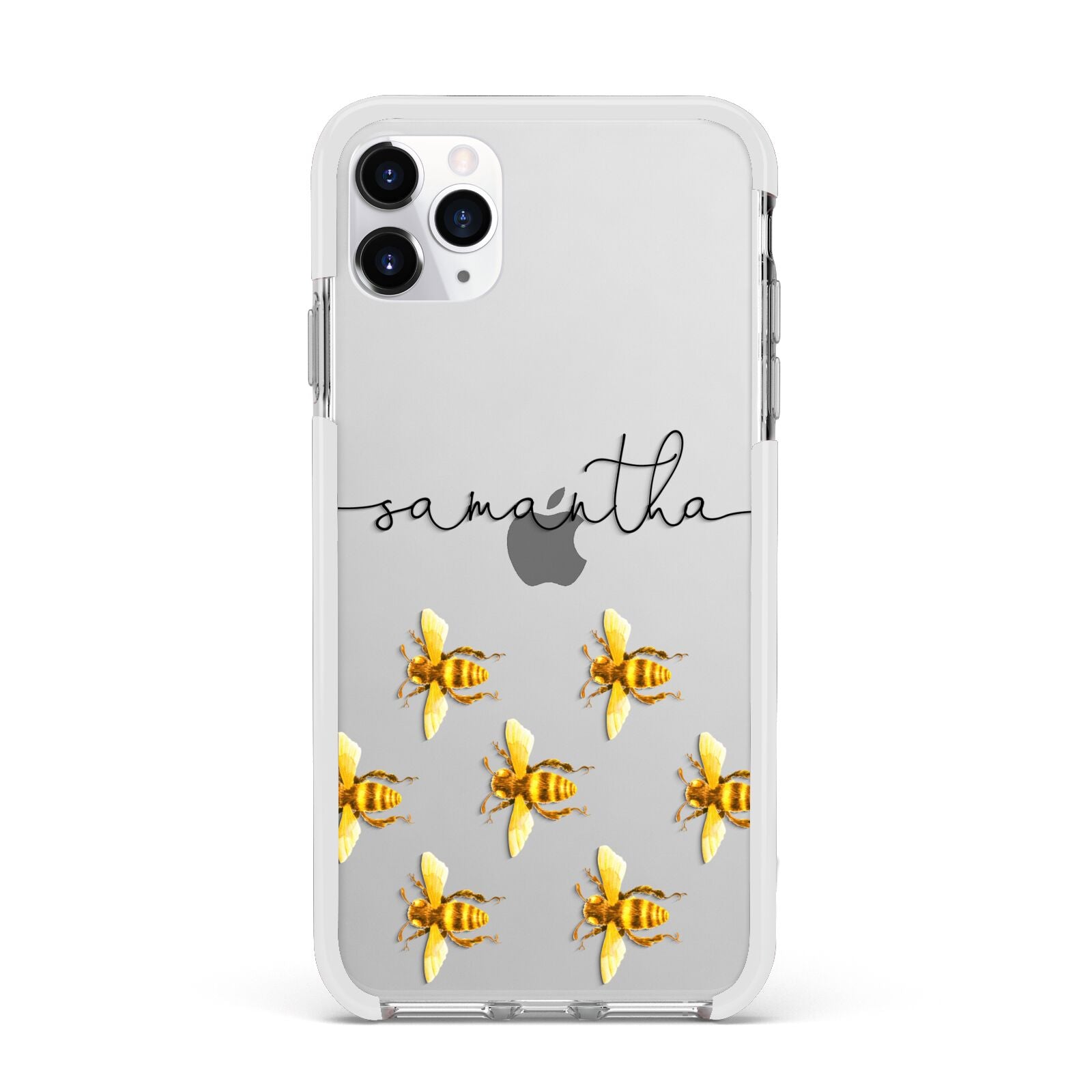 Golden Bees Personalised Name Apple iPhone 11 Pro Max in Silver with White Impact Case