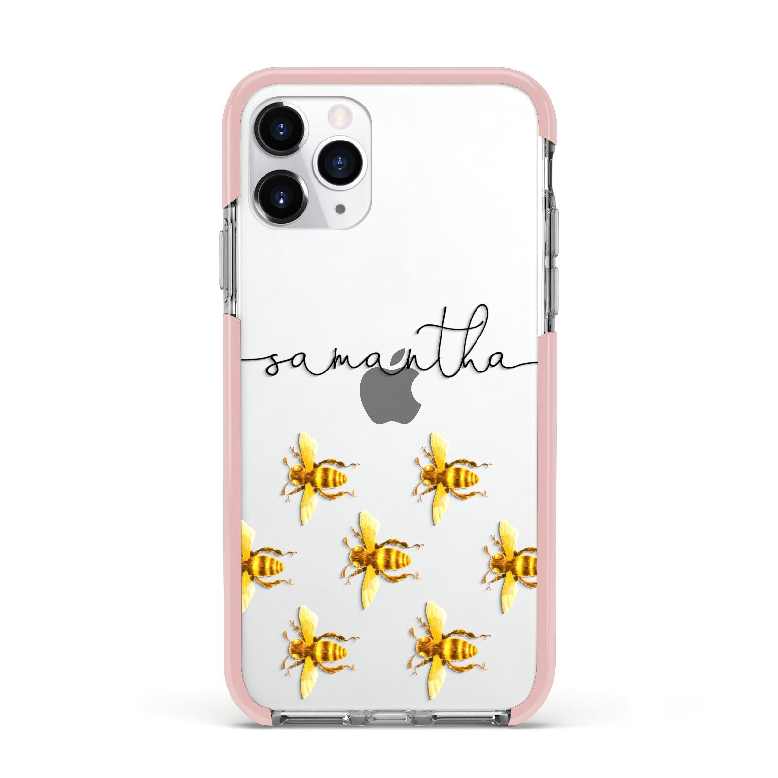 Golden Bees Personalised Name Apple iPhone 11 Pro in Silver with Pink Impact Case