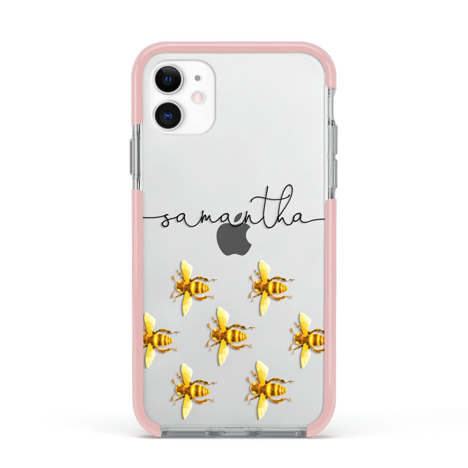 Golden Bees Personalised Name Apple iPhone 11 in White with Pink Impact Case