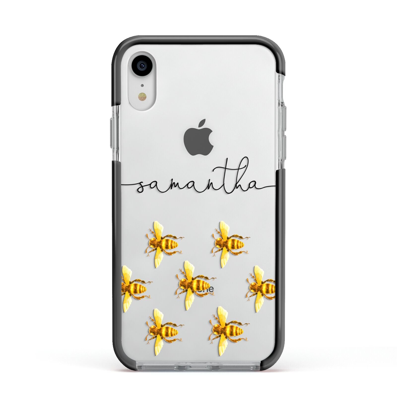 Golden Bees Personalised Name Apple iPhone XR Impact Case Black Edge on Silver Phone