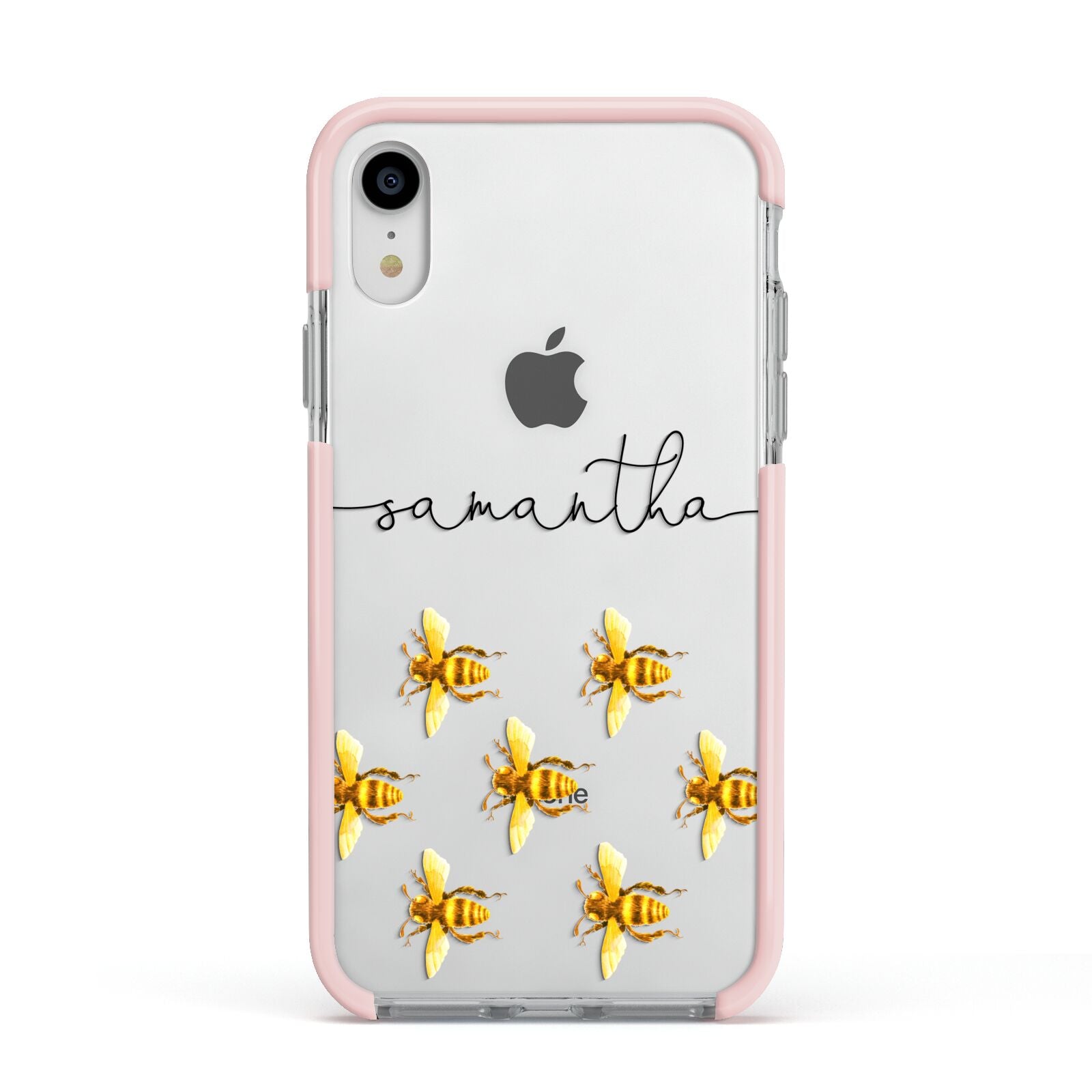 Golden Bees Personalised Name Apple iPhone XR Impact Case Pink Edge on Silver Phone