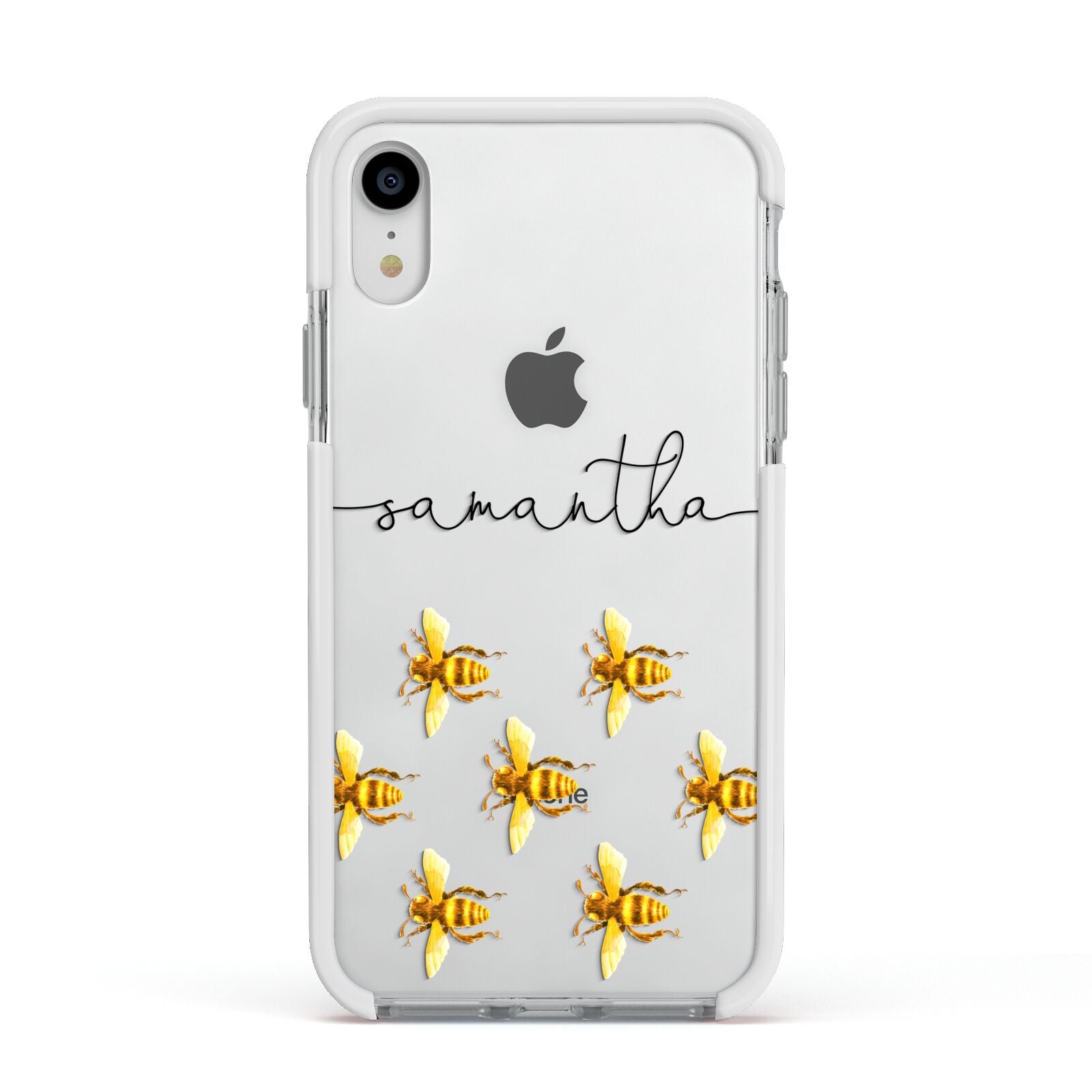 Golden Bees Personalised Name Apple iPhone XR Impact Case White Edge on Silver Phone