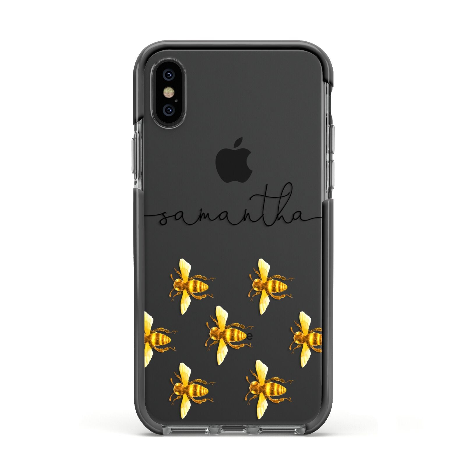 Golden Bees Personalised Name Apple iPhone Xs Impact Case Black Edge on Black Phone