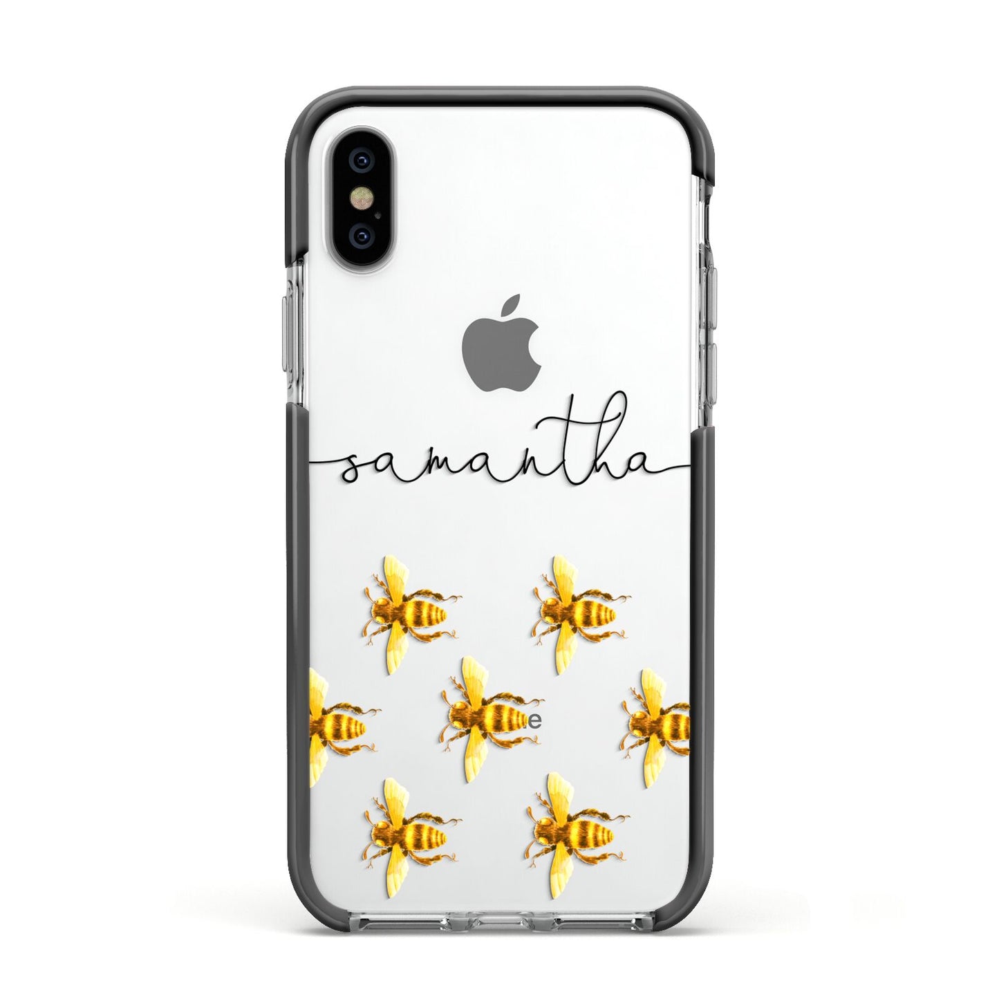 Golden Bees Personalised Name Apple iPhone Xs Impact Case Black Edge on Silver Phone