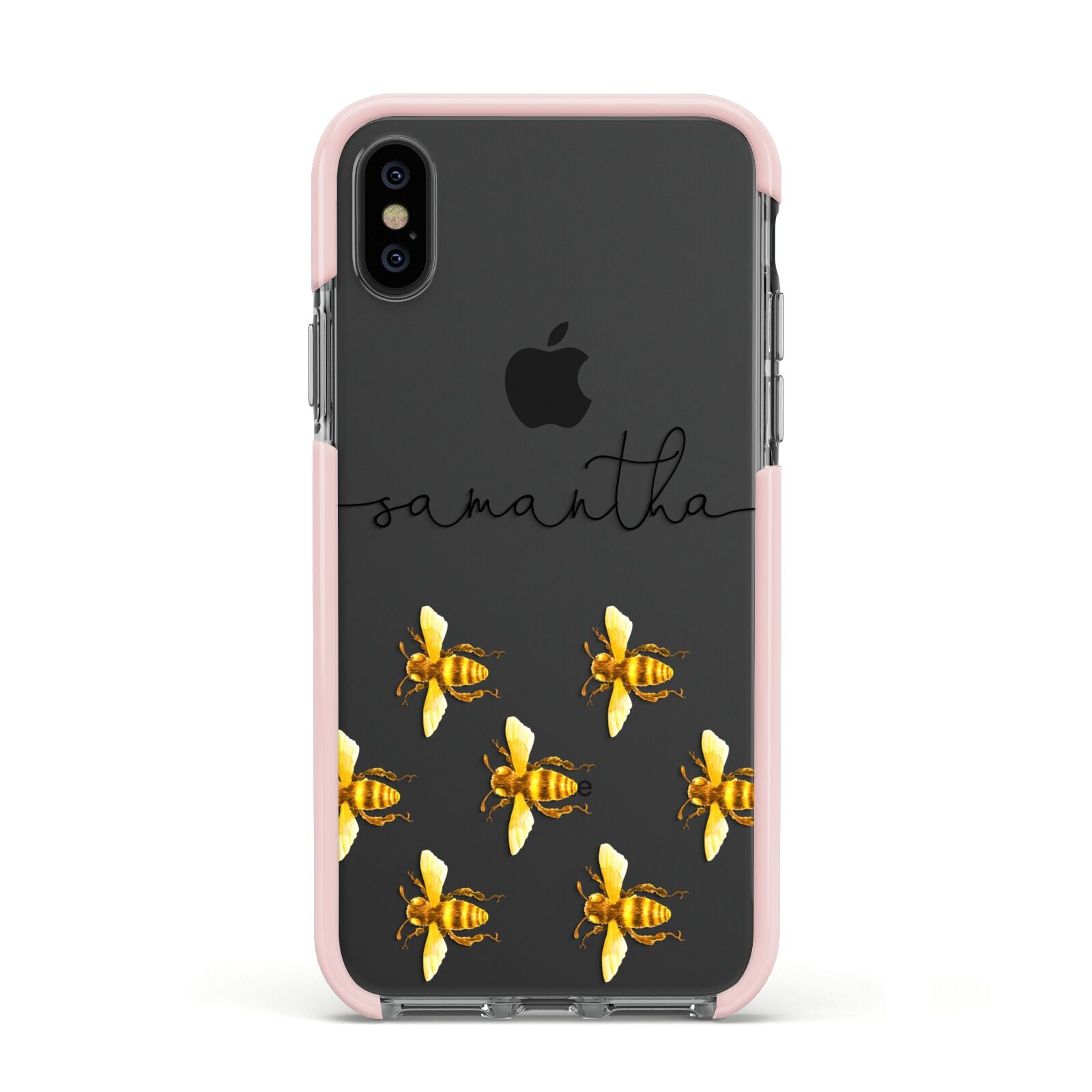 Golden Bees Personalised Name Apple iPhone Xs Impact Case Pink Edge on Black Phone