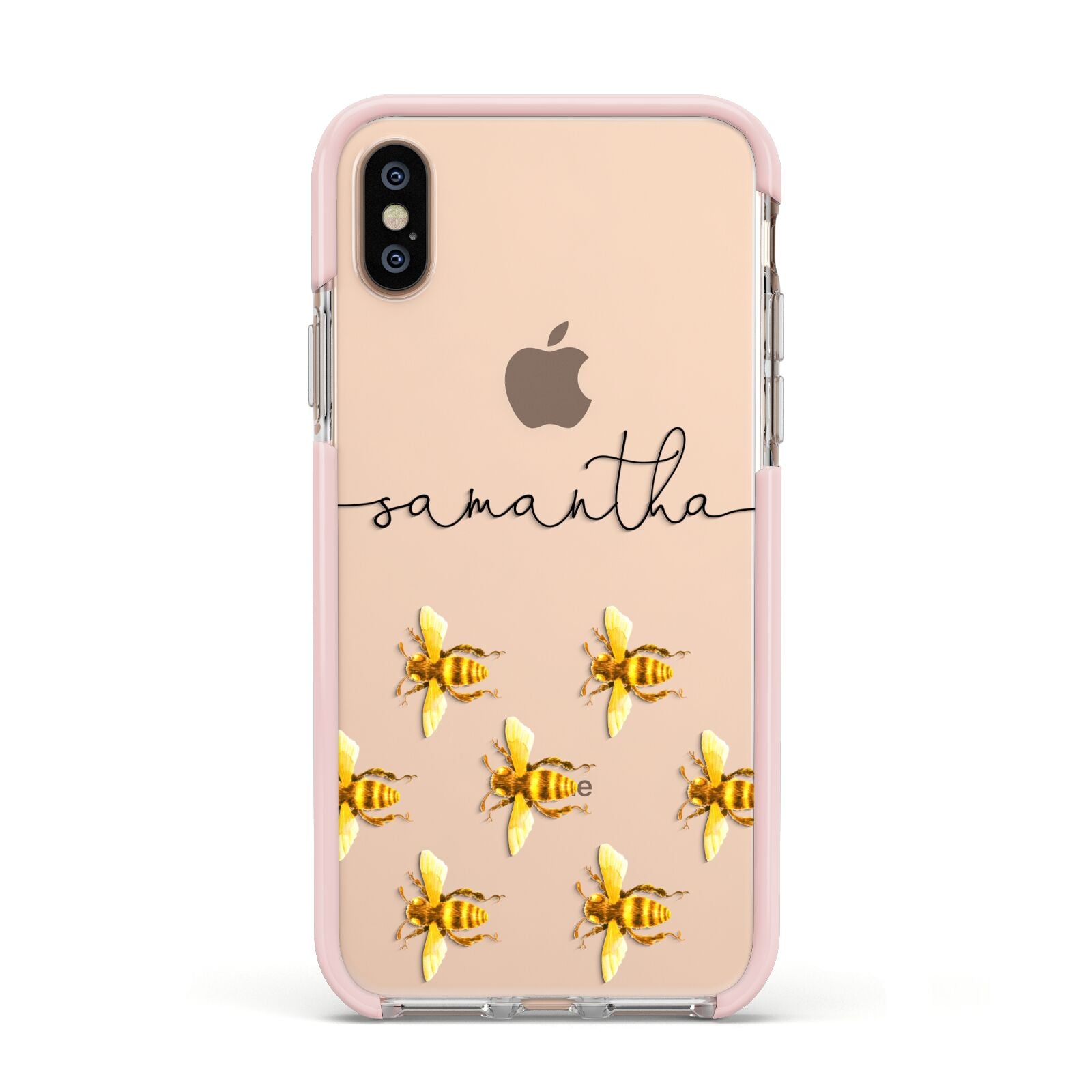 Golden Bees Personalised Name Apple iPhone Xs Impact Case Pink Edge on Gold Phone