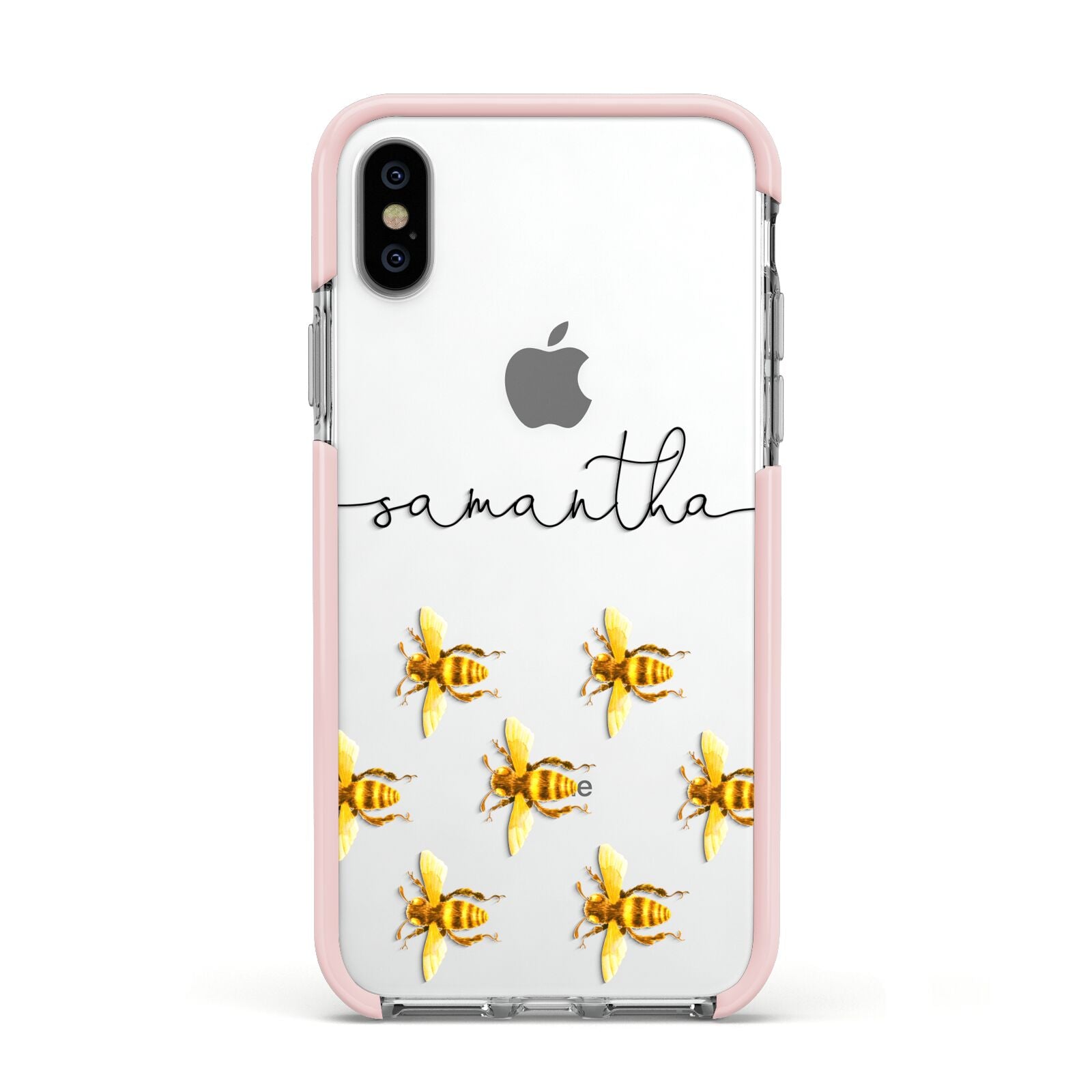 Golden Bees Personalised Name Apple iPhone Xs Impact Case Pink Edge on Silver Phone