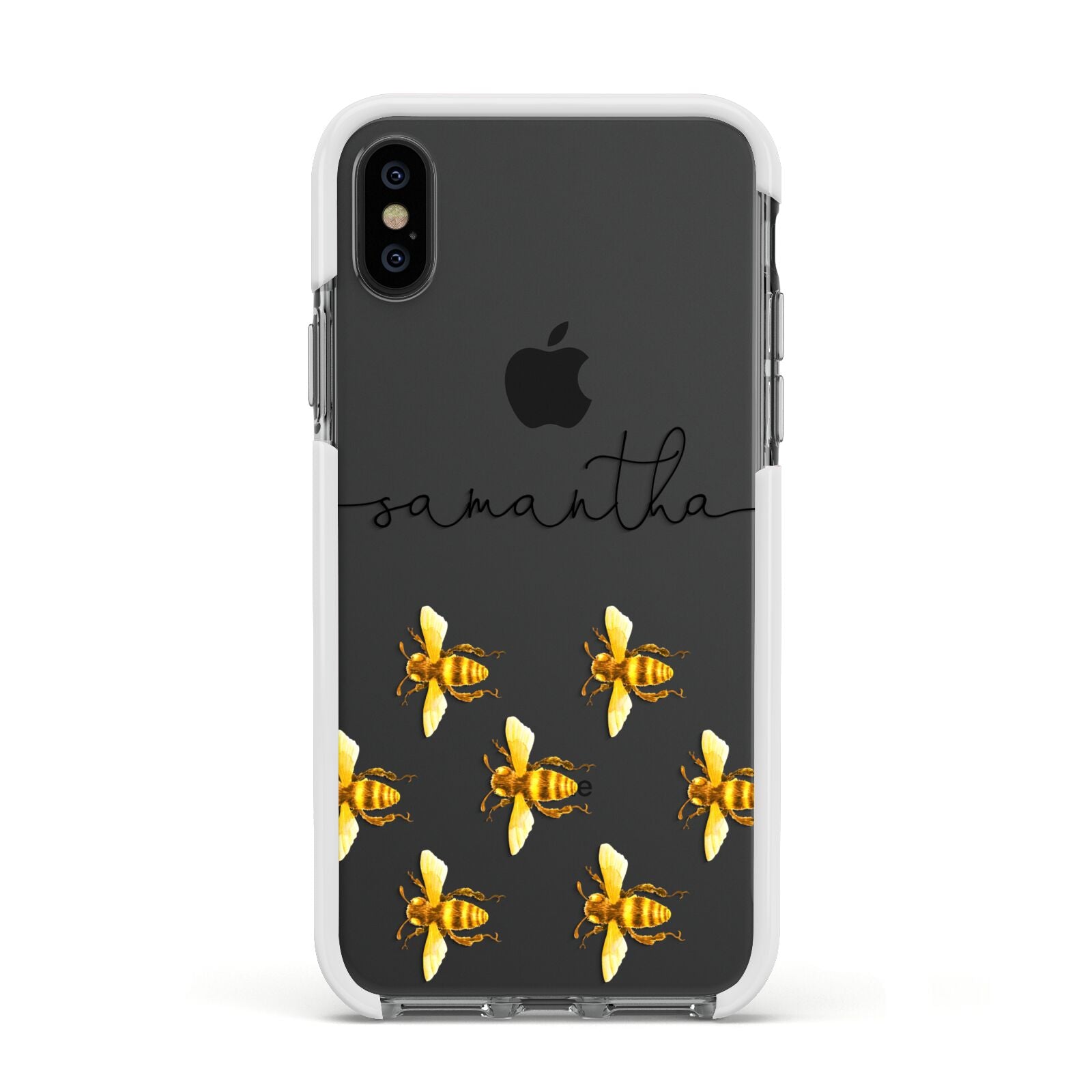 Golden Bees Personalised Name Apple iPhone Xs Impact Case White Edge on Black Phone