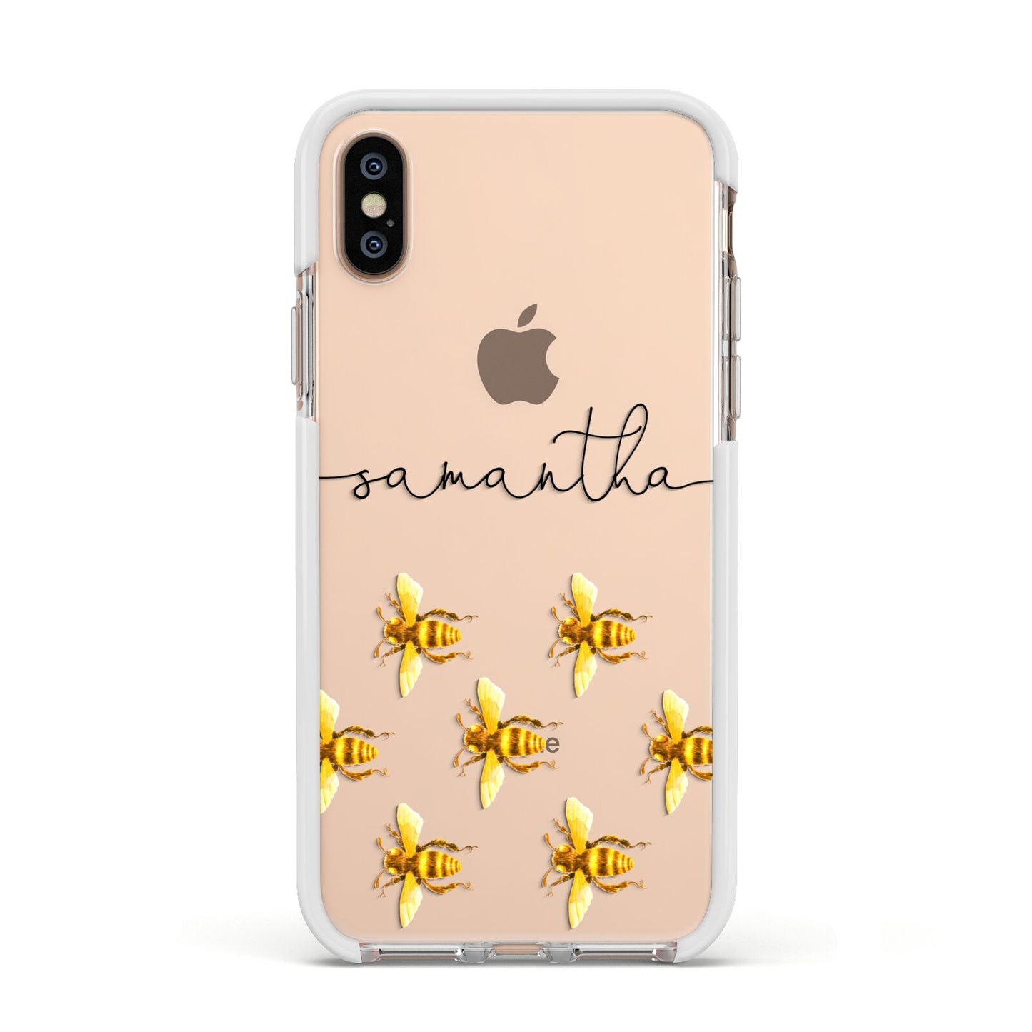 Golden Bees Personalised Name Apple iPhone Xs Impact Case White Edge on Gold Phone