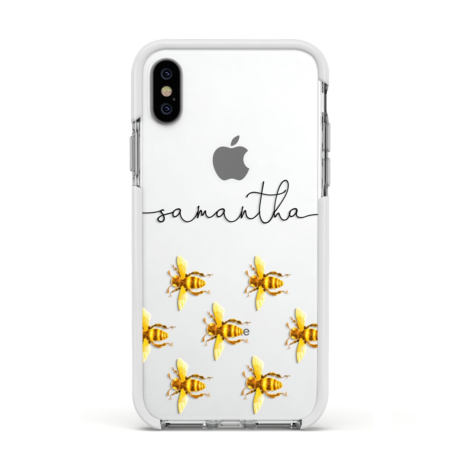 Golden Bees Personalised Name Apple iPhone Xs Impact Case White Edge on Silver Phone