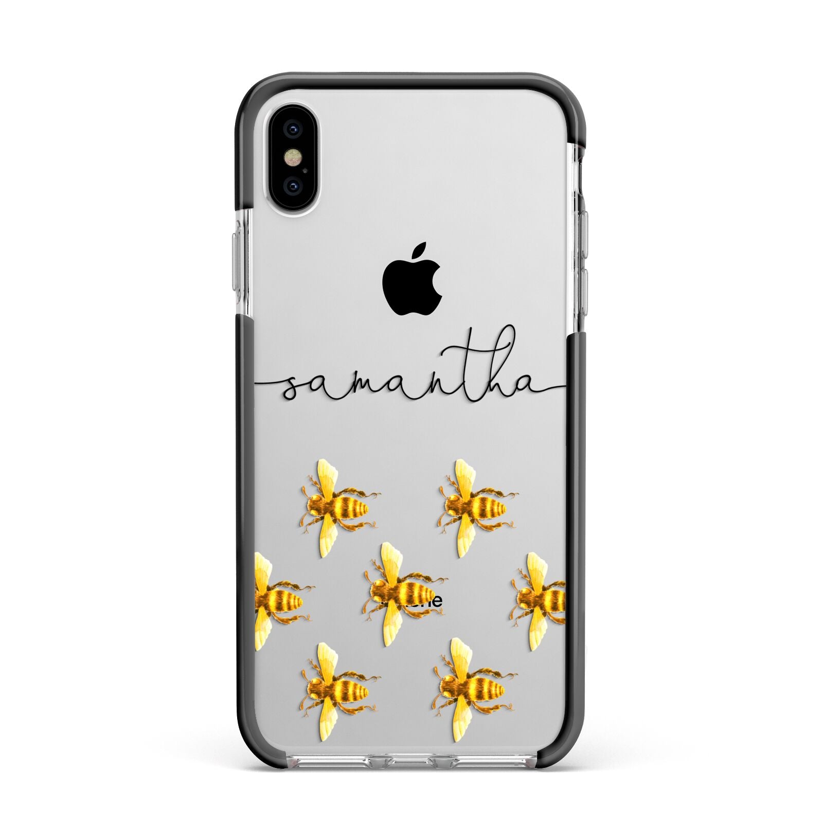 Golden Bees Personalised Name Apple iPhone Xs Max Impact Case Black Edge on Silver Phone