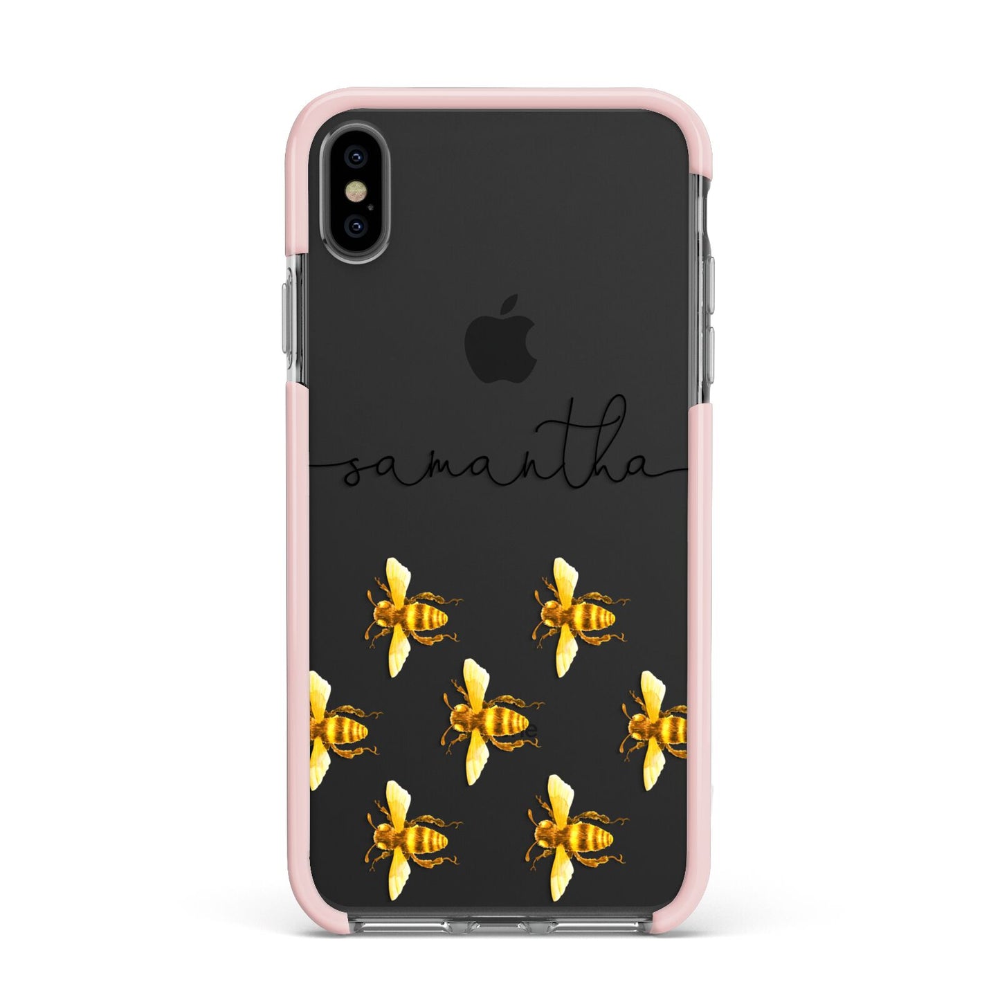 Golden Bees Personalised Name Apple iPhone Xs Max Impact Case Pink Edge on Black Phone