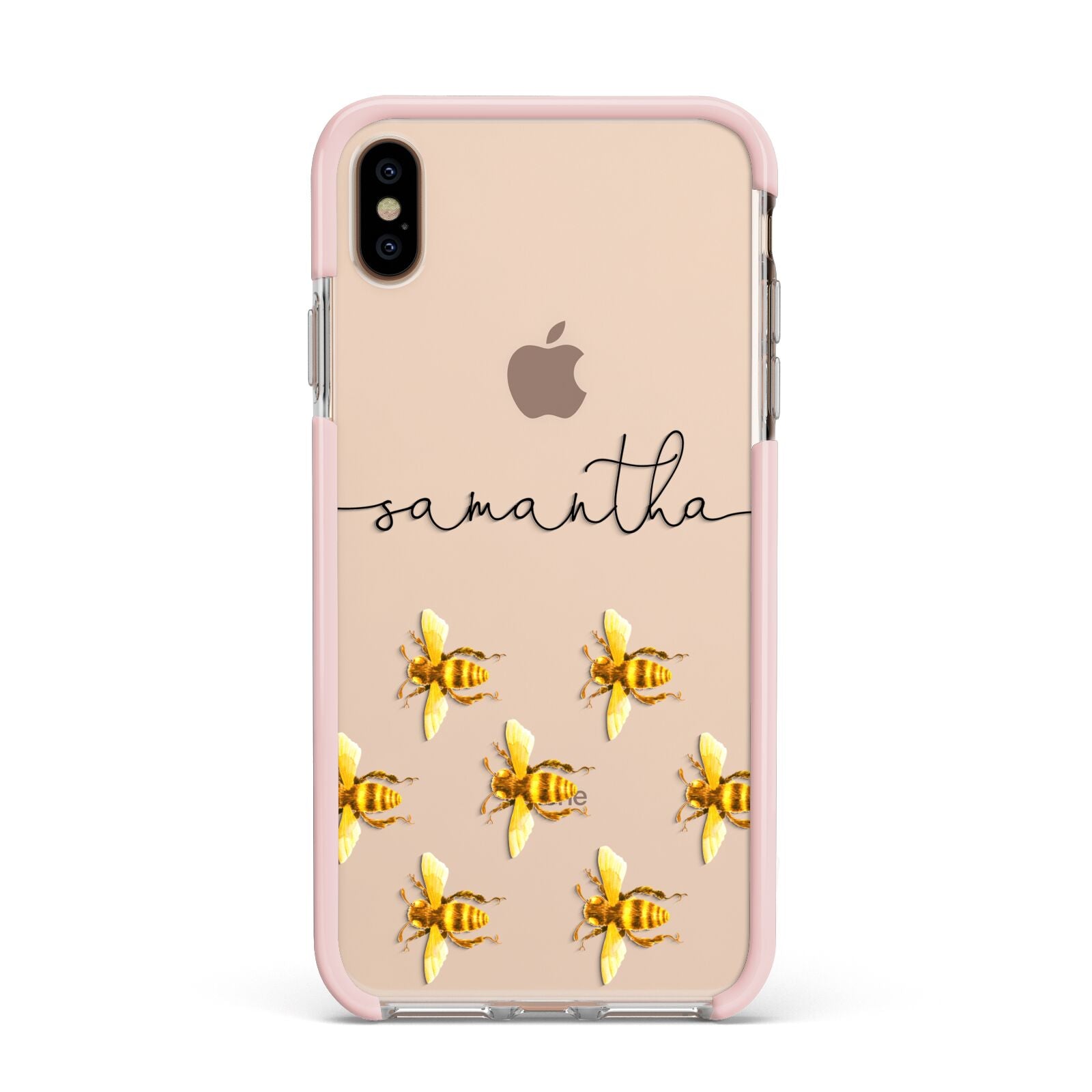 Golden Bees Personalised Name Apple iPhone Xs Max Impact Case Pink Edge on Gold Phone