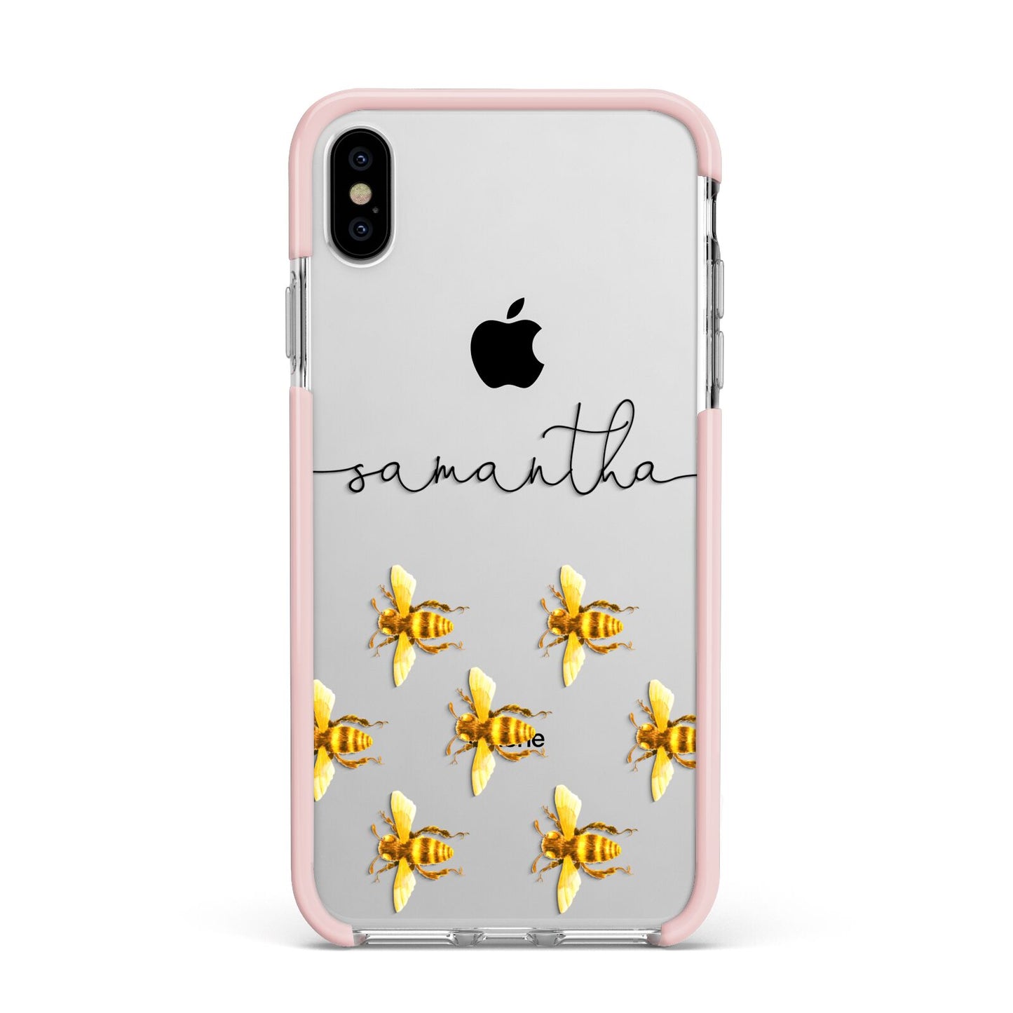 Golden Bees Personalised Name Apple iPhone Xs Max Impact Case Pink Edge on Silver Phone